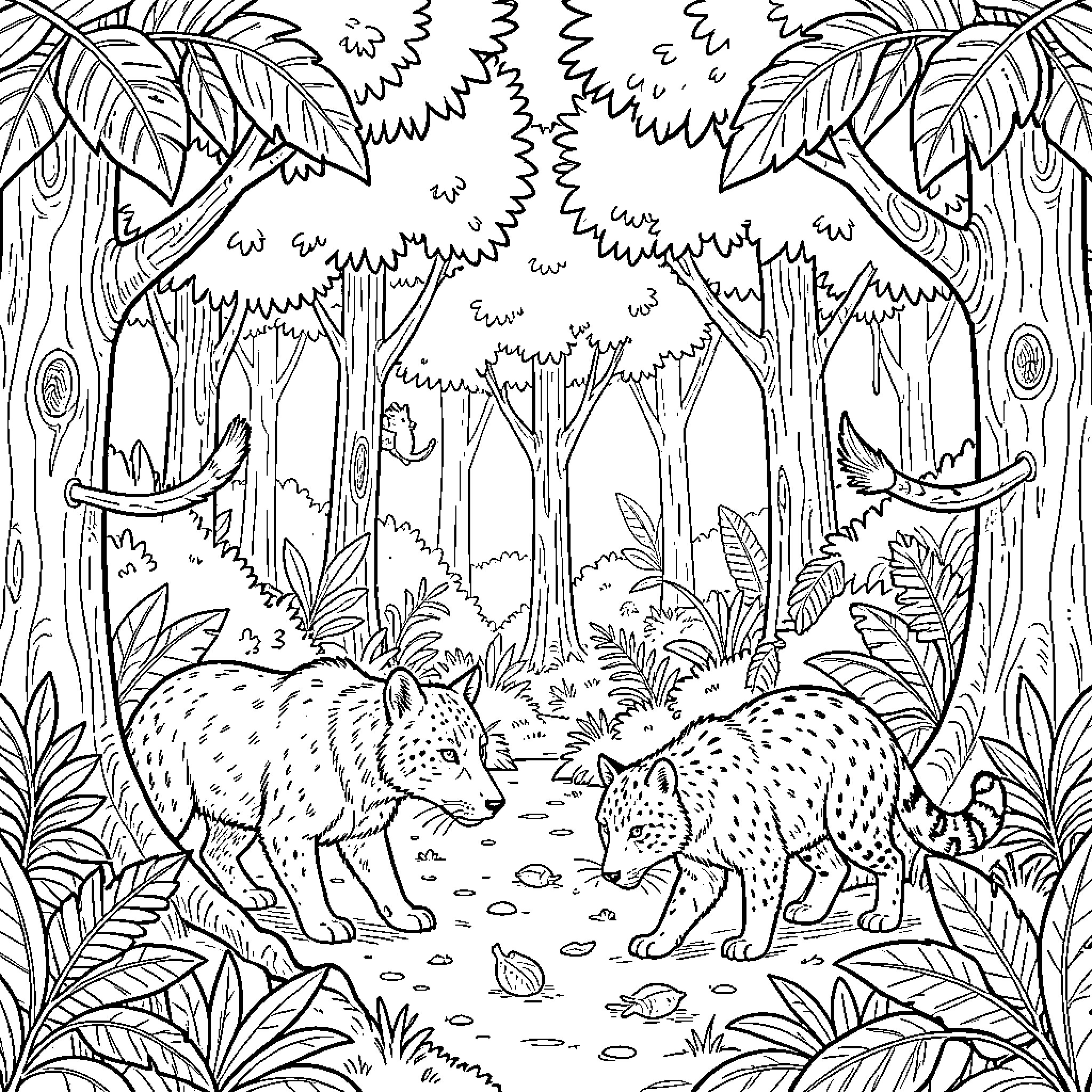 Animal Family in Tropical Forest Coloring Page (free black-and-white line drawing printable PDF for all, from beginners to advanced learners, including children, teens, adults, and seniors)