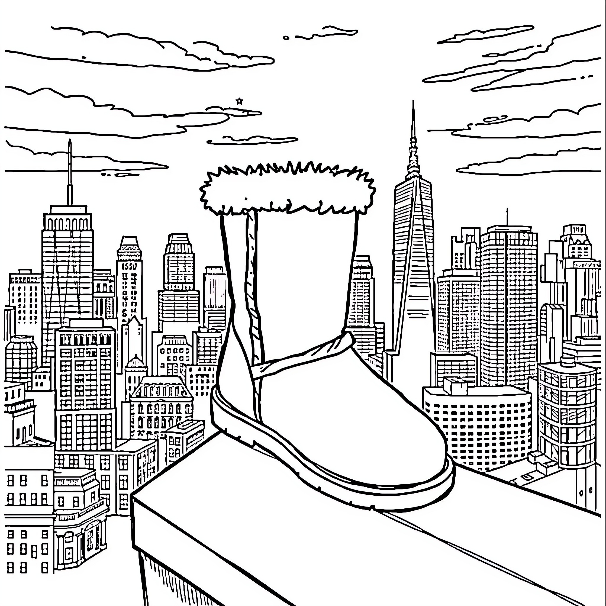 Ugg Boot amidst Towering Cityscape Coloring Page (free black-and-white line drawing printable PDF for all, from beginners to advanced learners, including children, teens, adults, and seniors)
