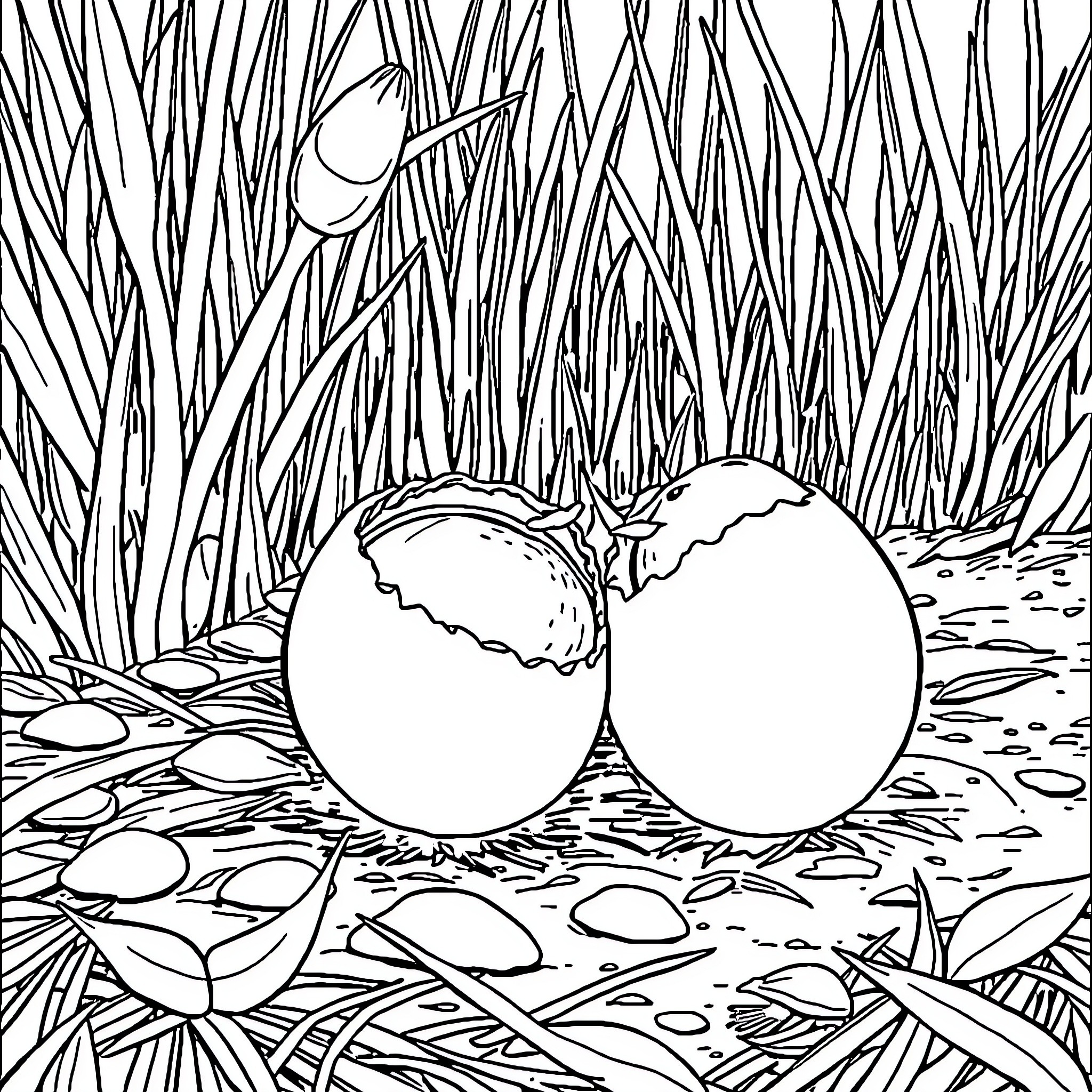 Eggs hatching in the grass Coloring Page (free black-and-white line drawing printable PDF for all, from beginners to advanced learners, including children, teens, adults, and seniors)