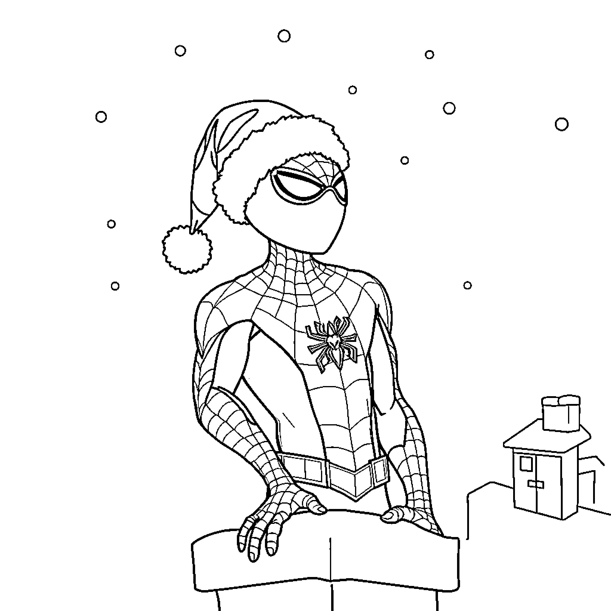 Spiderman in festive outfit and pose Coloring Page (free black-and-white line drawing printable PDF for all, from beginners to advanced learners, including children, teens, adults, and seniors)