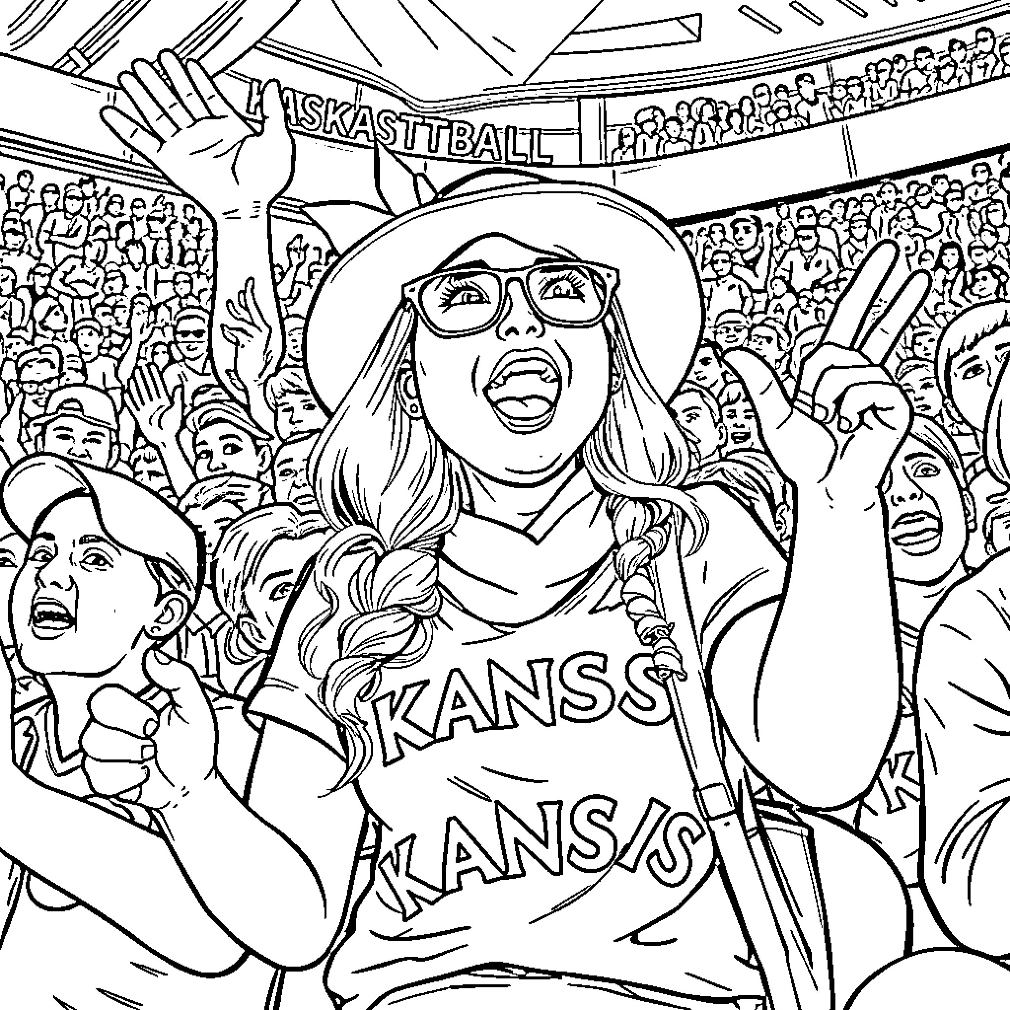 Jayhawk fans cheering passionately at basketball game Coloring Page (free black-and-white line drawing printable PDF for all, from beginners to advanced learners, including children, teens, adults, and seniors)