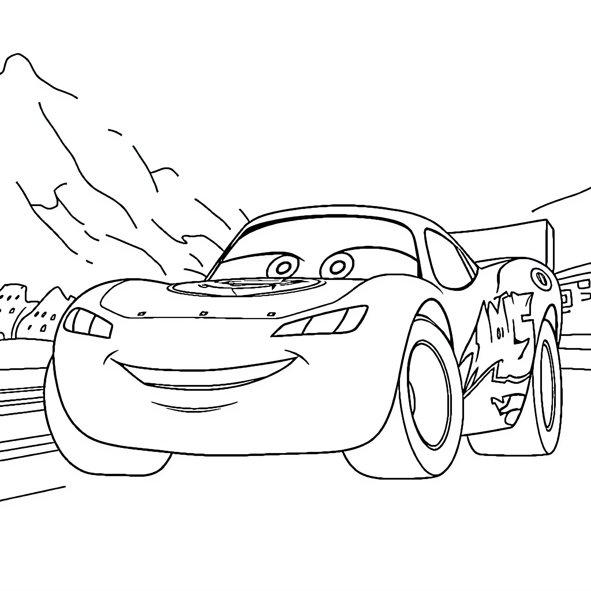 Lightning McQueen racing on the track Coloring Page (free black-and-white line drawing printable PDF for all, from beginners to advanced learners, including children, teens, adults, and seniors)