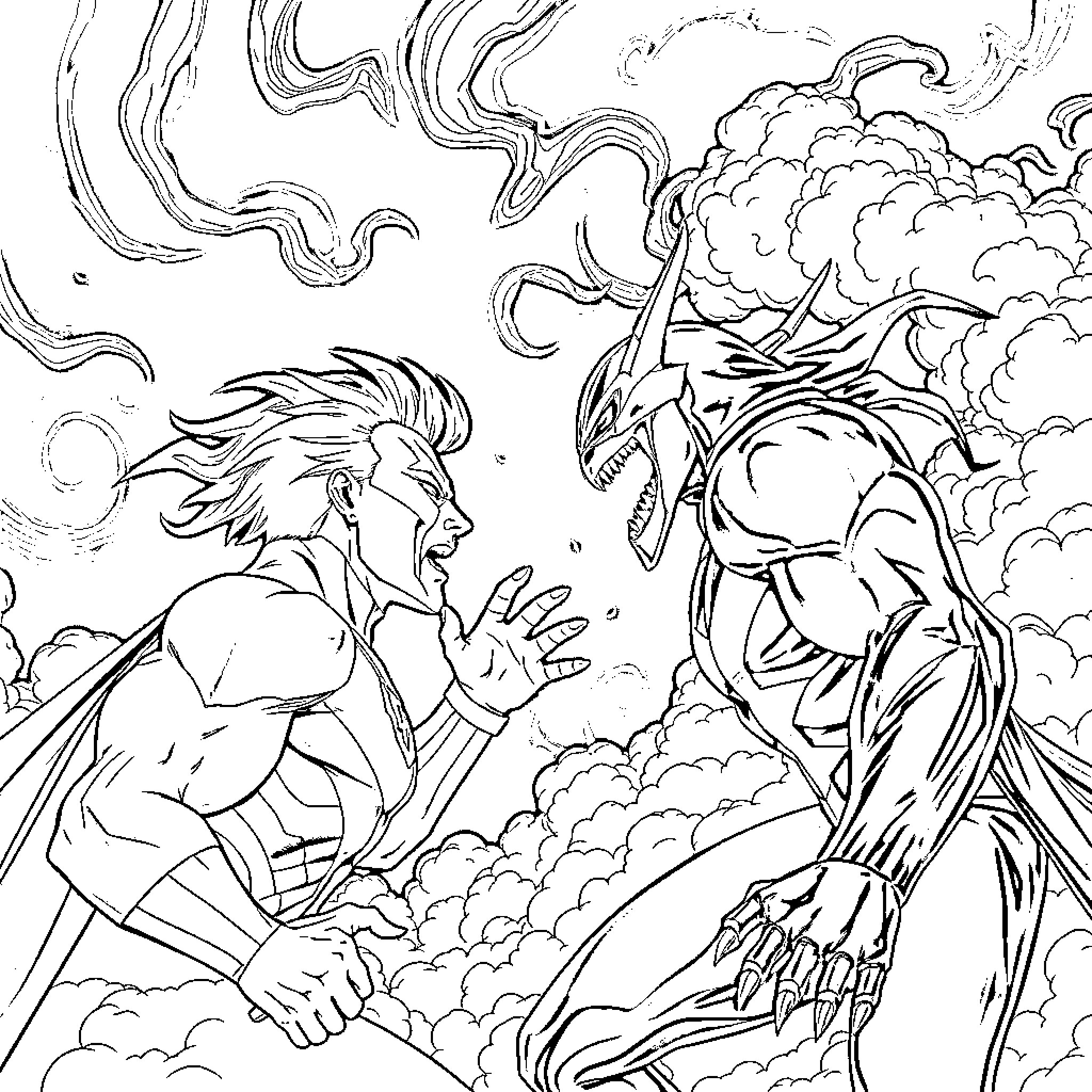 Sinestro's Dramatic Confrontation in the Clouds Coloring Page (free black-and-white line drawing printable PDF for all, from beginners to advanced learners, including children, teens, adults, and seniors)