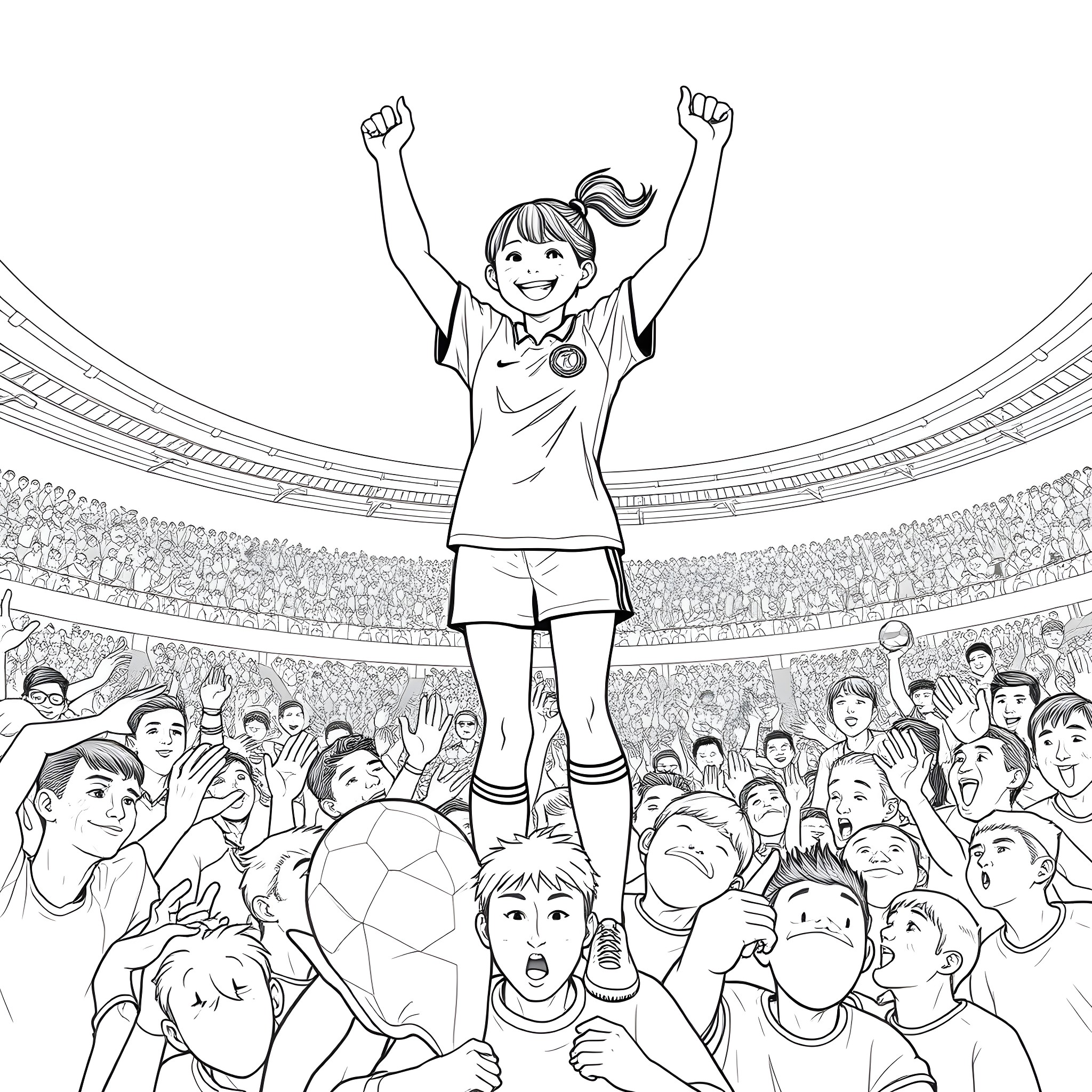Soccer Girl Celebrating Victory with Crowd Coloring Page (free black-and-white line drawing printable PDF for all, from beginners to advanced learners, including children, teens, adults, and seniors)