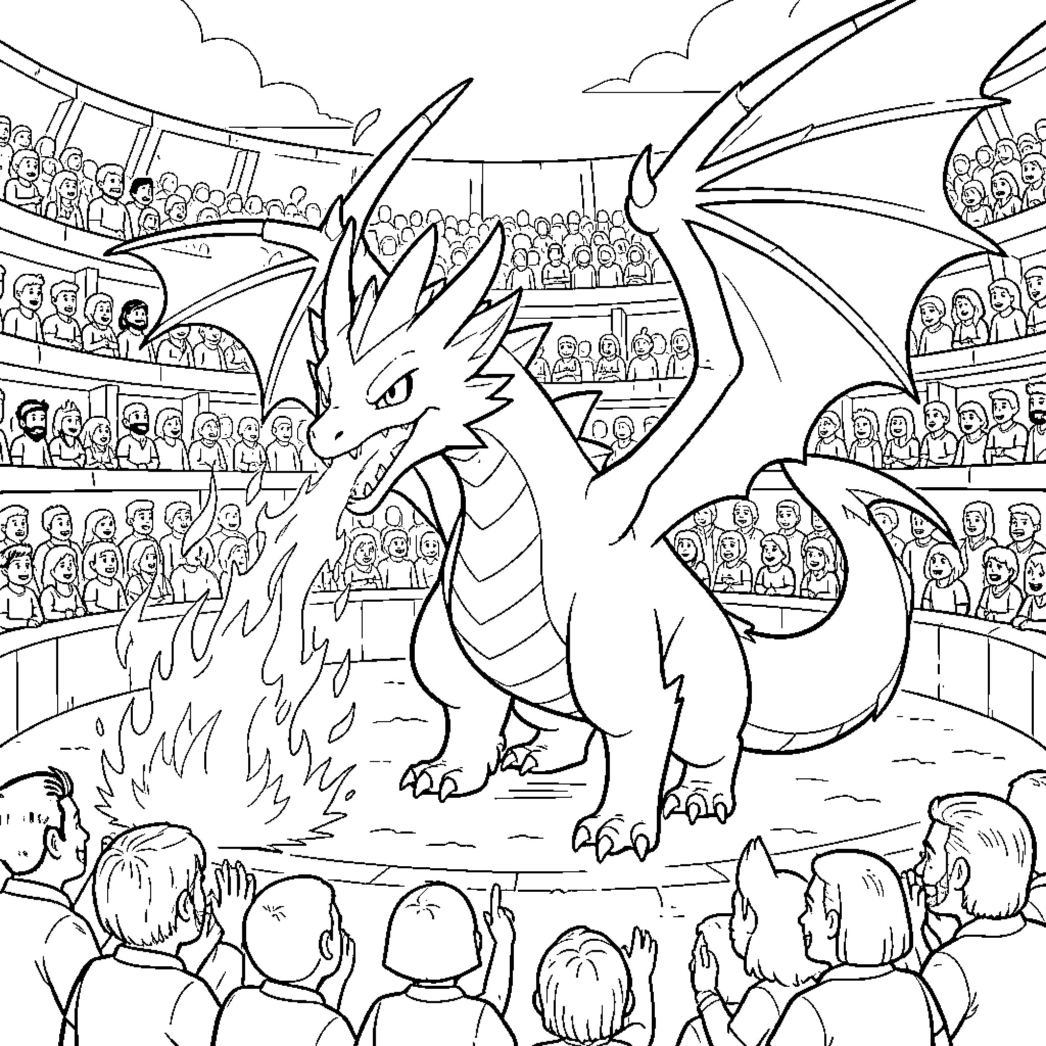 Dracaufeu breathing fire in a crowded stadium arena Coloring Page (free black-and-white line drawing printable PDF for all, from beginners to advanced learners, including children, teens, adults, and seniors)