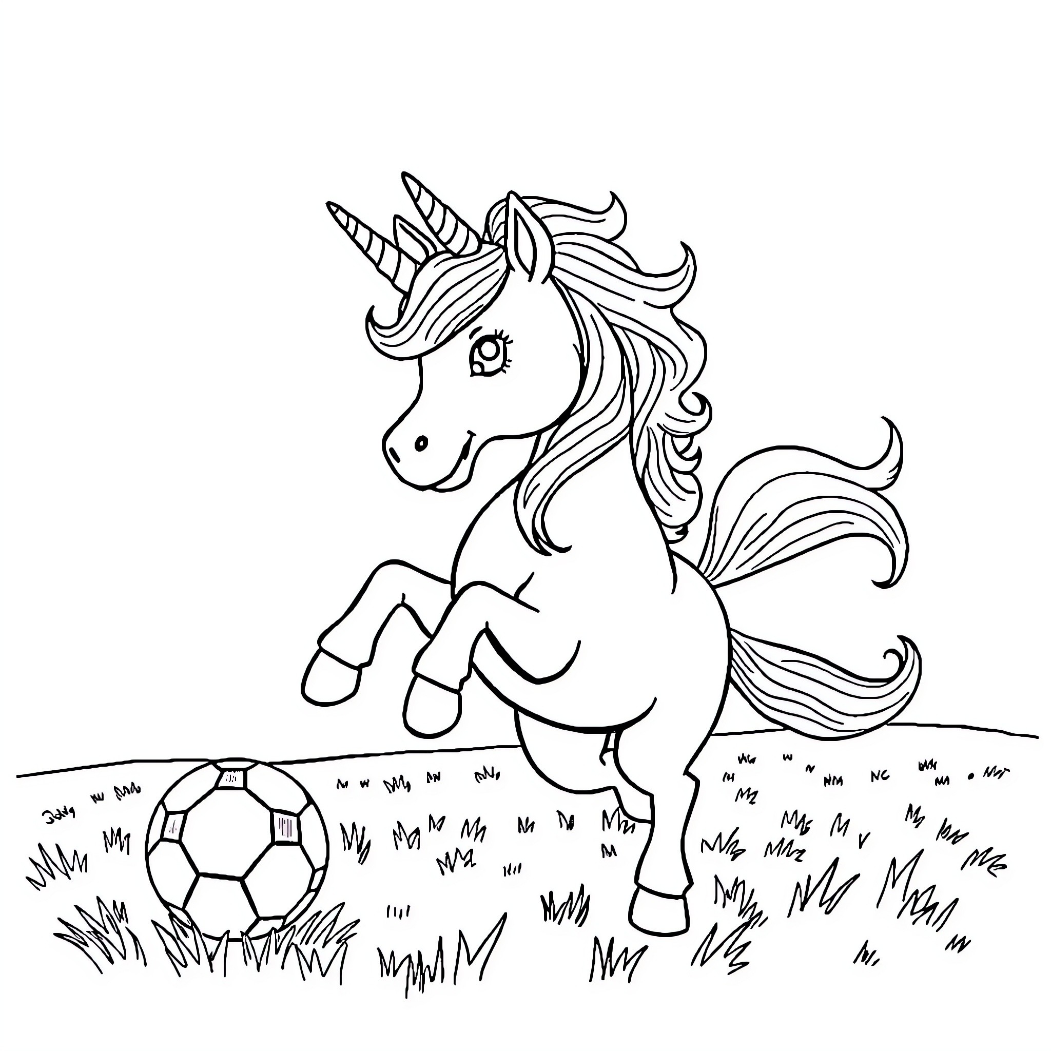 Unicorn playing with soccer ball in field Coloring Page (free black-and-white line drawing printable PDF for all, from beginners to advanced learners, including children, teens, adults, and seniors)