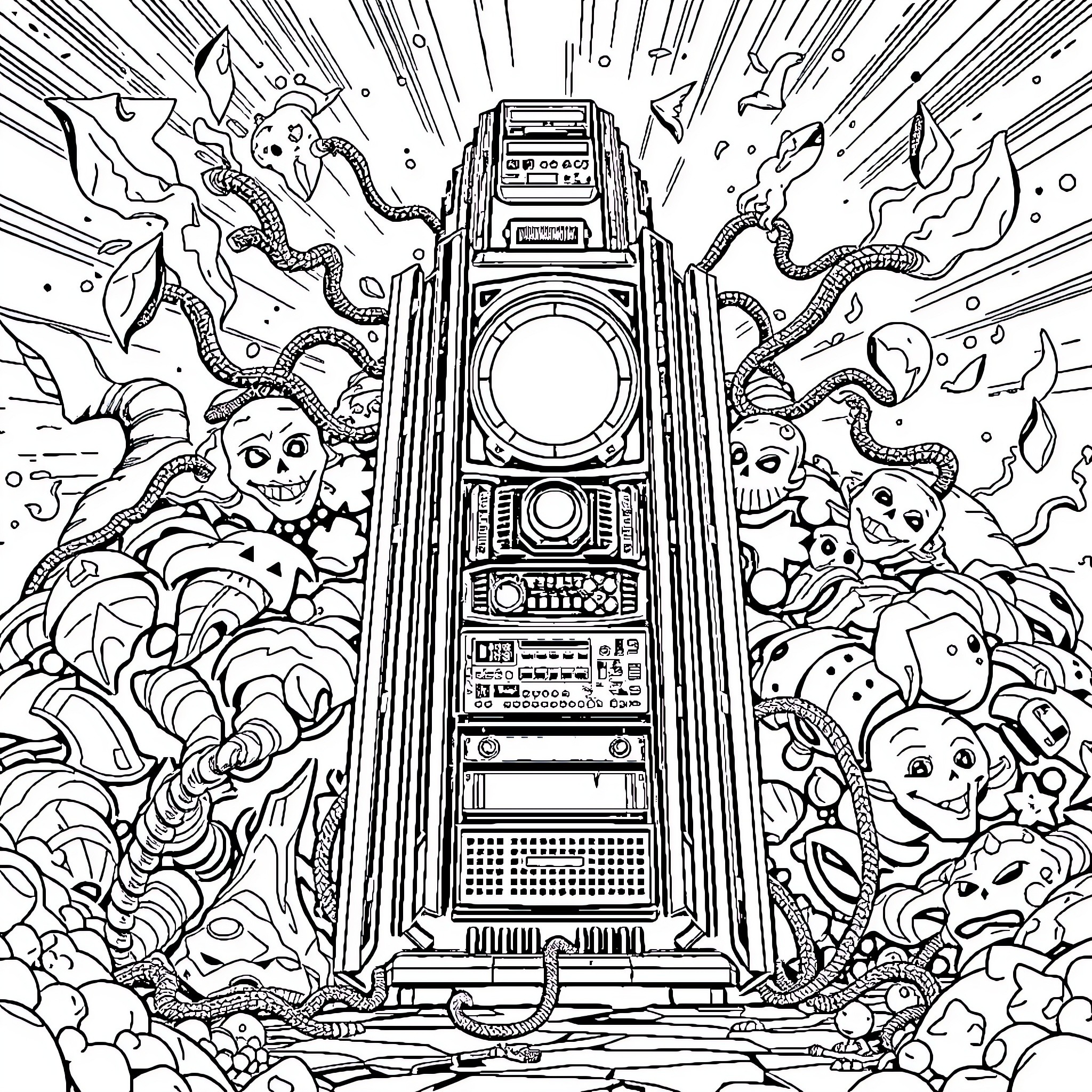 Supercomputer Overcome by Fantastical Creatures Coloring Page (free black-and-white line drawing printable PDF for all, from beginners to advanced learners, including children, teens, adults, and seniors)