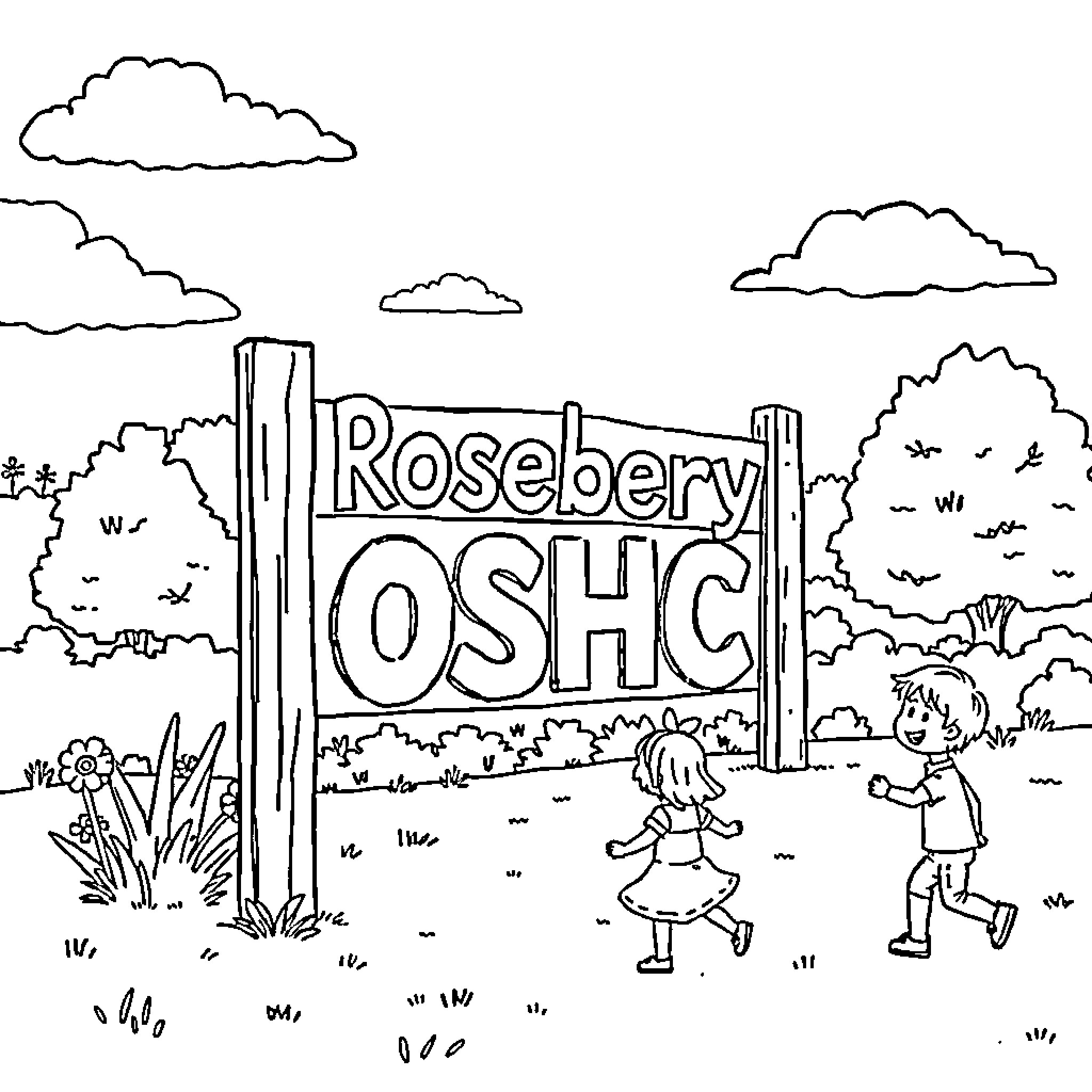 Sign for Rosebery OSHC with children playing Coloring Page (free black-and-white line drawing printable PDF for all, from beginners to advanced learners, including children, teens, adults, and seniors)