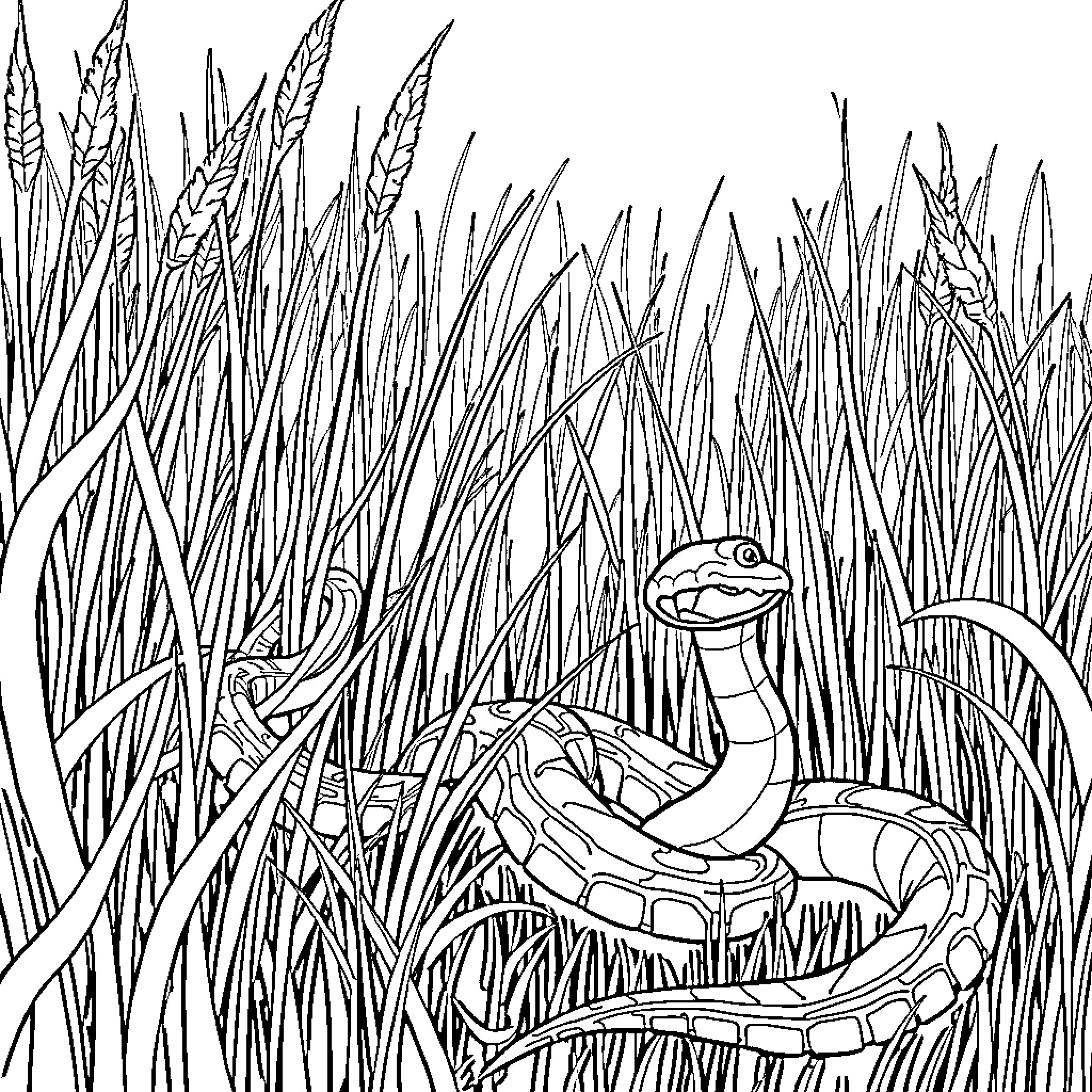 Snake in the tall grass Coloring Page (free black-and-white line drawing printable PDF for all, from beginners to advanced learners, including children, teens, adults, and seniors)
