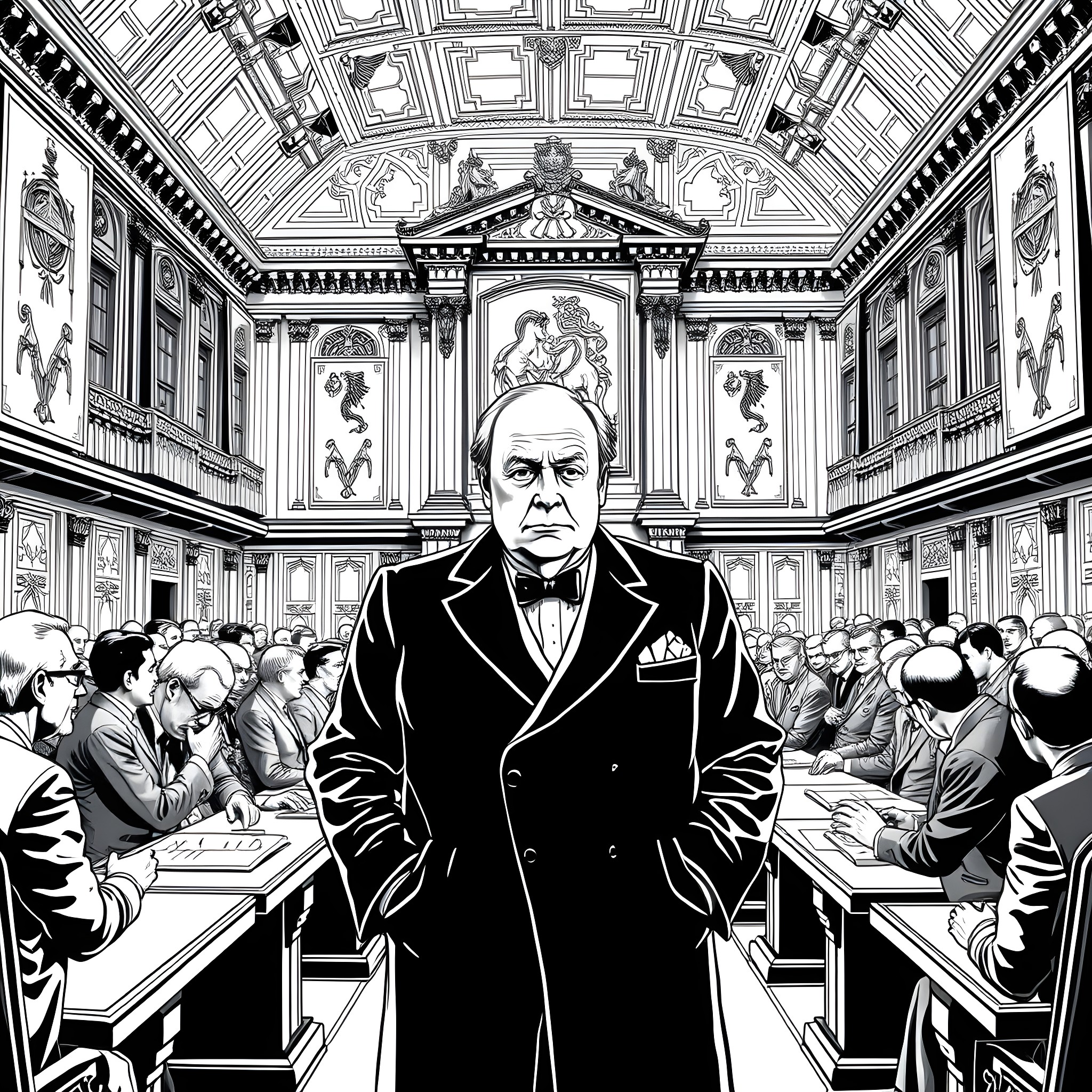 Winston Churchill in a grand courtroom scene Coloring Page (free black-and-white line drawing printable PDF for all, from beginners to advanced learners, including children, teens, adults, and seniors)