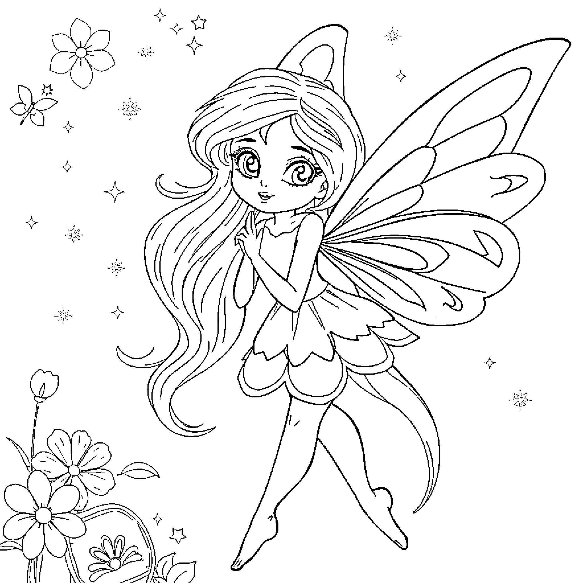 Fairy with beautiful wings amid flowers and stars Coloring Page (free black-and-white line drawing printable PDF for all, from beginners to advanced learners, including children, teens, adults, and seniors)