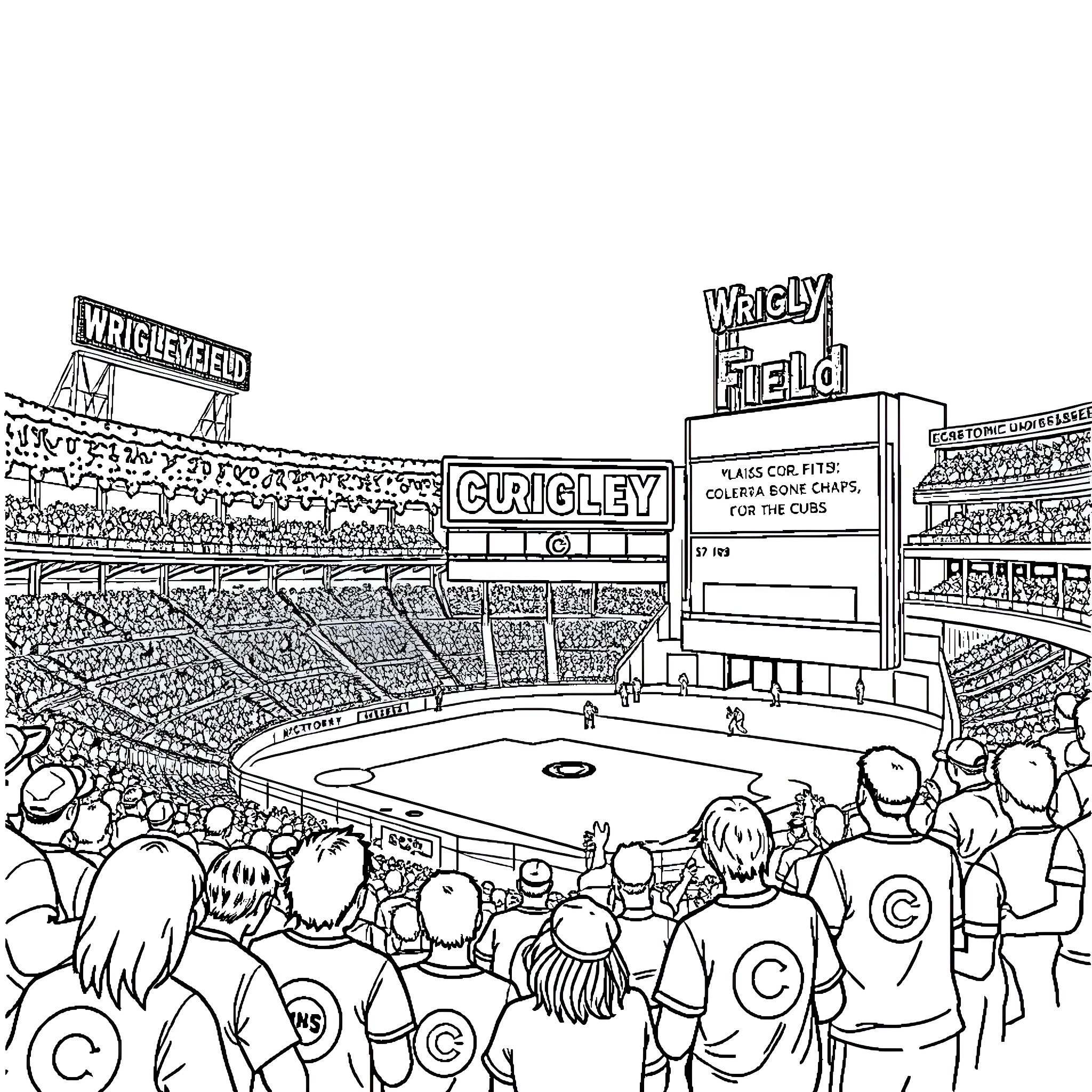 Wrigley Field's Crowded Baseball Game Coloring Page (free black-and-white line drawing printable PDF for all, from beginners to advanced learners, including children, teens, adults, and seniors)