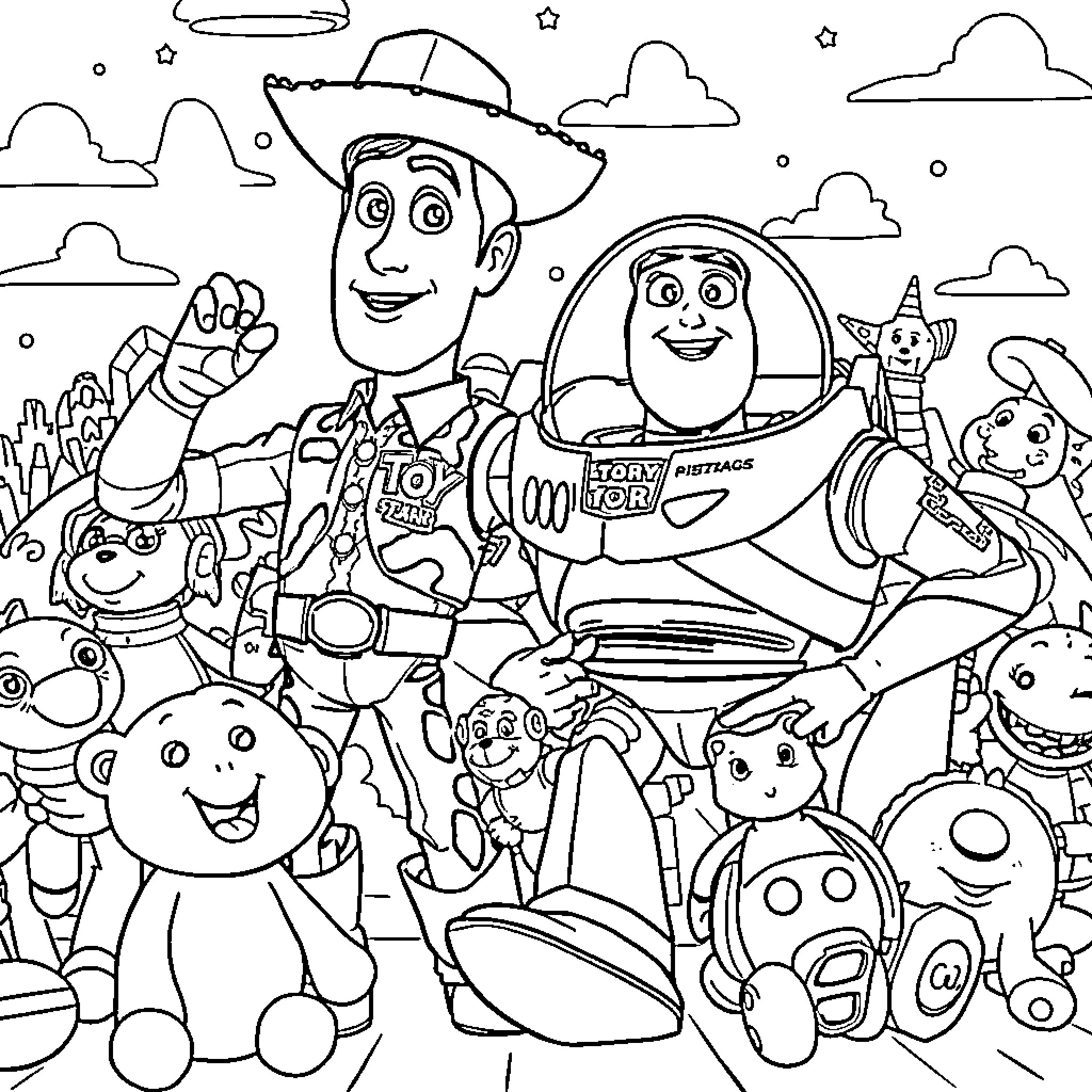 Toy Story characters in a playful scene Coloring Page (free black-and-white line drawing printable PDF for all, from beginners to advanced learners, including children, teens, adults, and seniors)