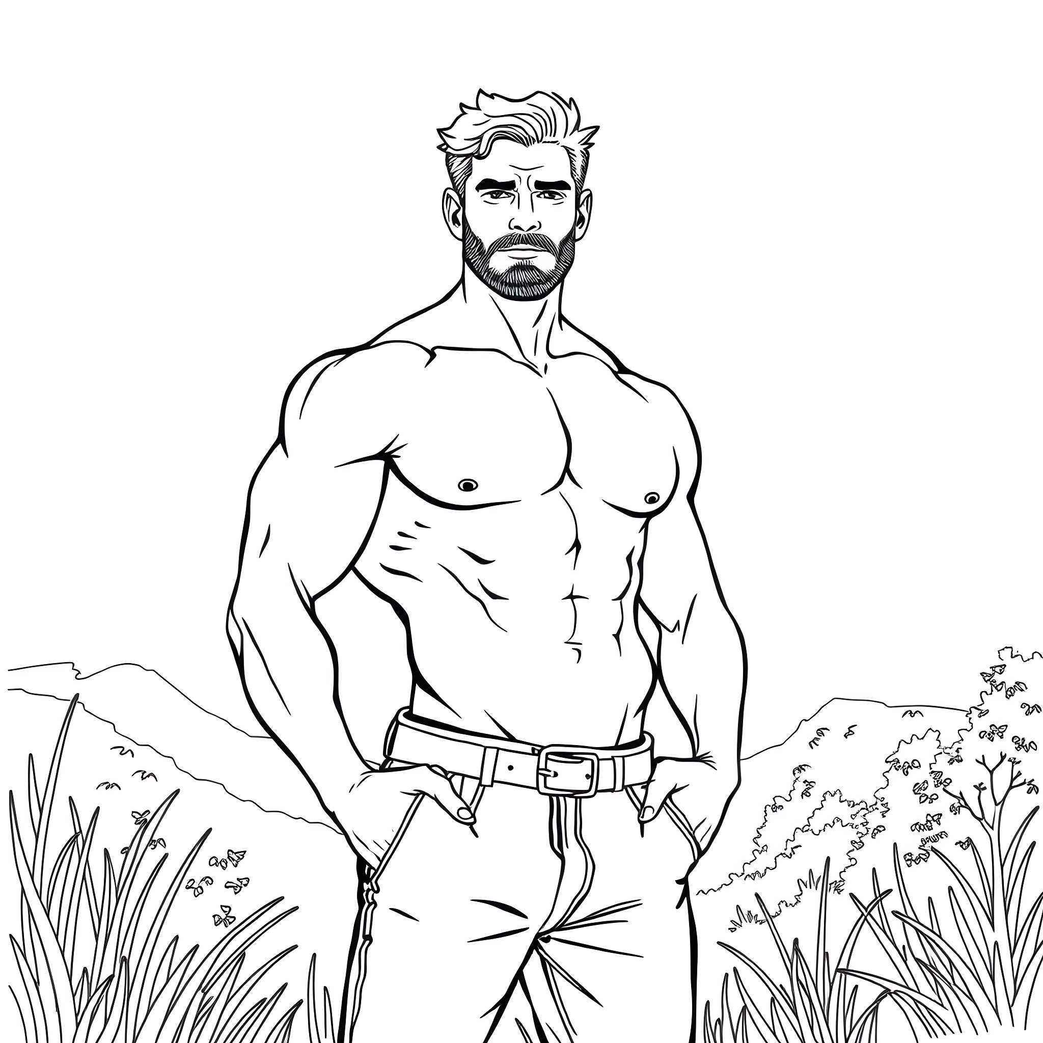 Man standing shirtless in outdoor nature scene Coloring Page (free black-and-white line drawing printable PDF for all, from beginners to advanced learners, including children, teens, adults, and seniors)
