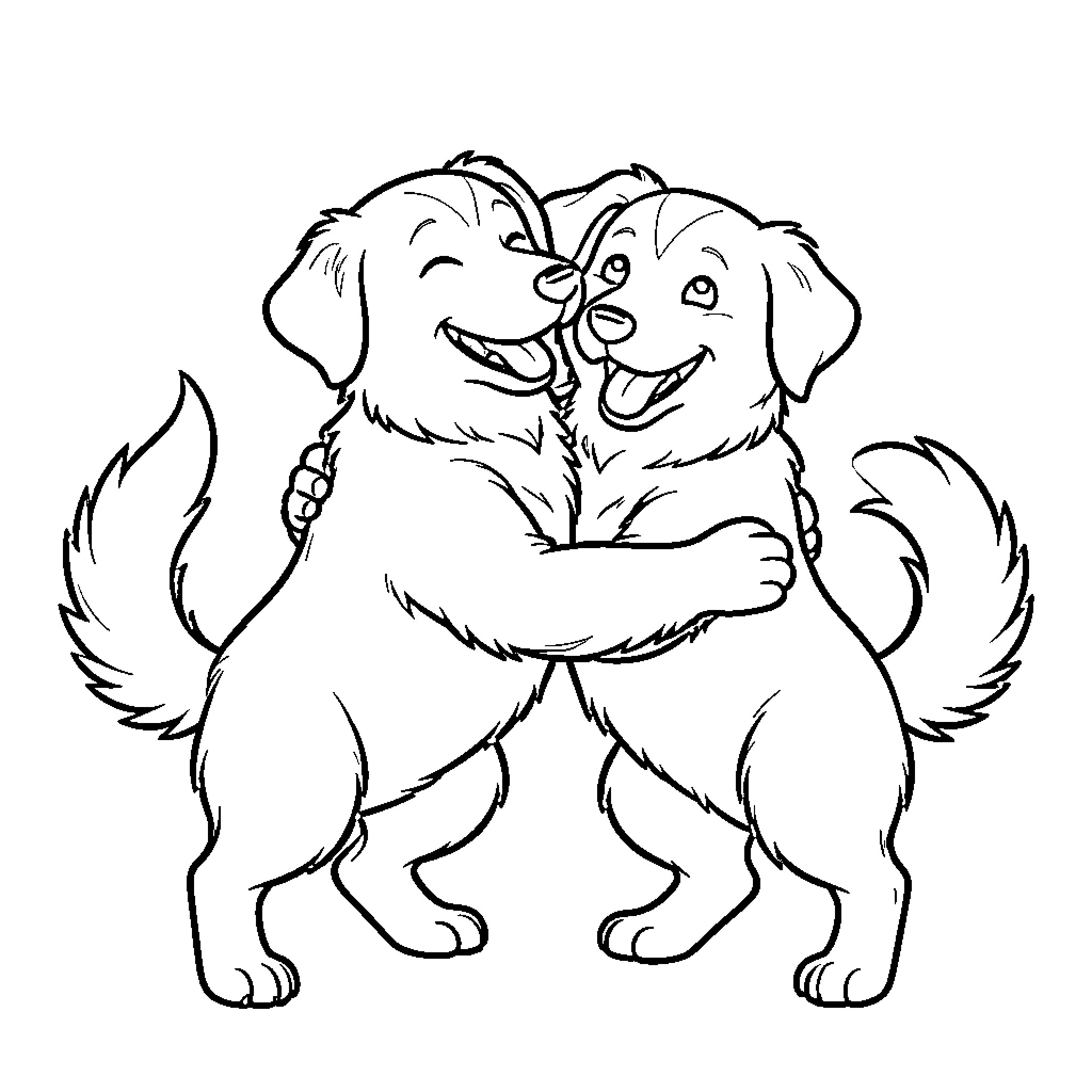 Dog puppies hugging each other with happy expressions Coloring Page (free black-and-white line drawing printable PDF for all, from beginners to advanced learners, including children, teens, adults, and seniors)
