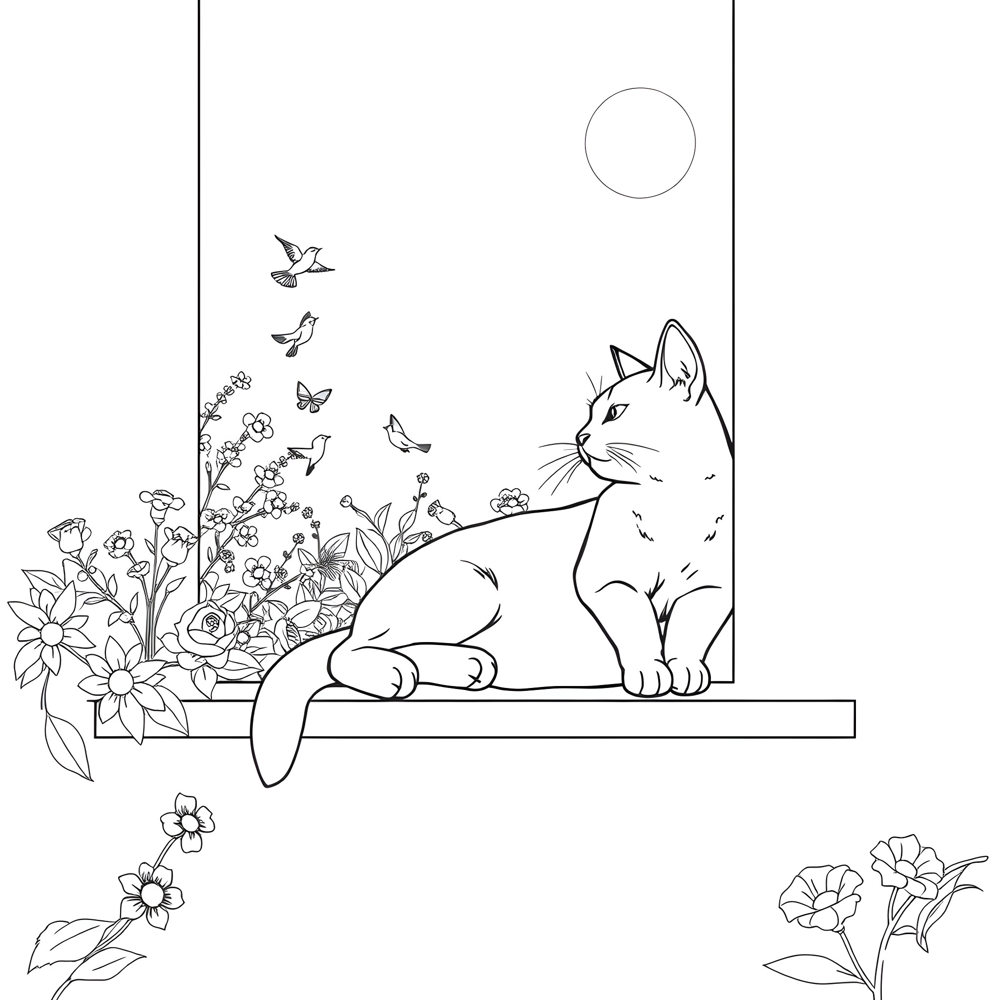 Cat resting on a shelf with butterflies Coloring Page (free black-and-white line drawing printable PDF for all, from beginners to advanced learners, including children, teens, adults, and seniors)