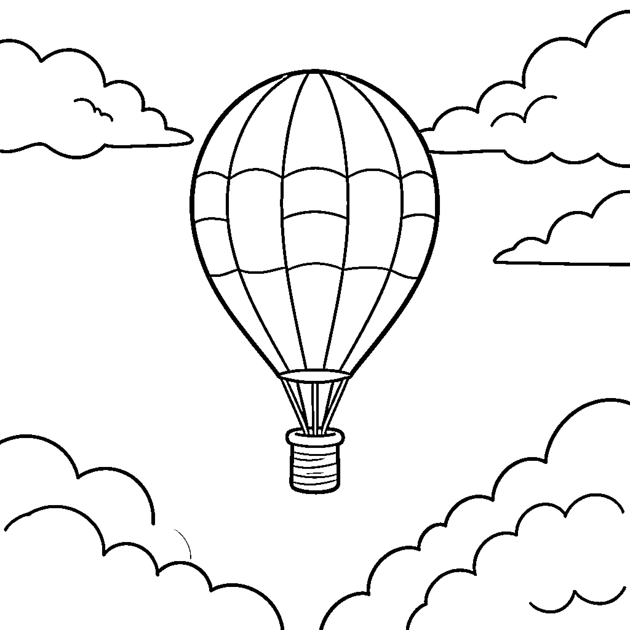 Balloon floating in the cloudy sky Coloring Page (free black-and-white line drawing printable PDF for all, from beginners to advanced learners, including children, teens, adults, and seniors)