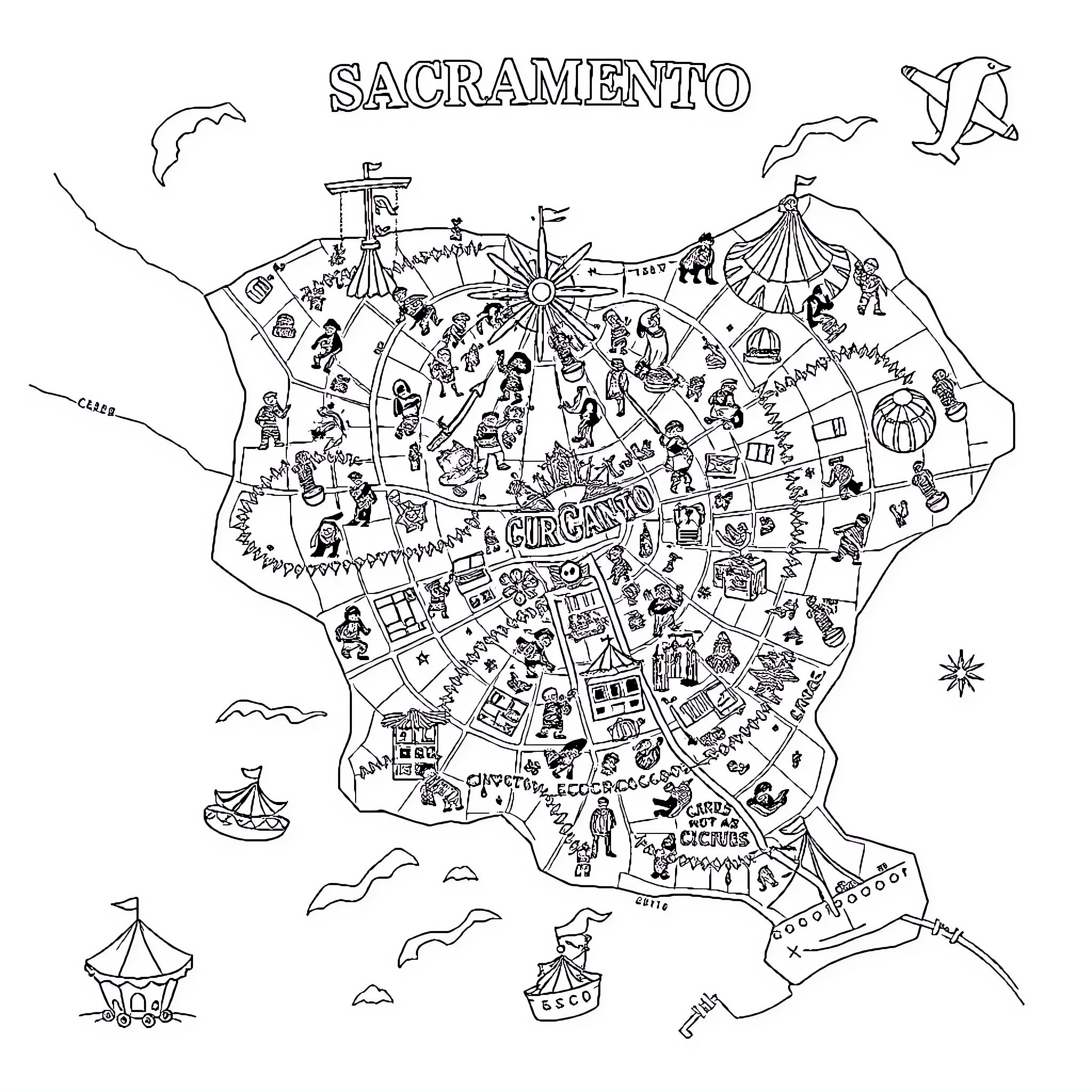 Map of activities and landmarks in Sacramento Coloring Page (free black-and-white line drawing printable PDF for all, from beginners to advanced learners, including children, teens, adults, and seniors)