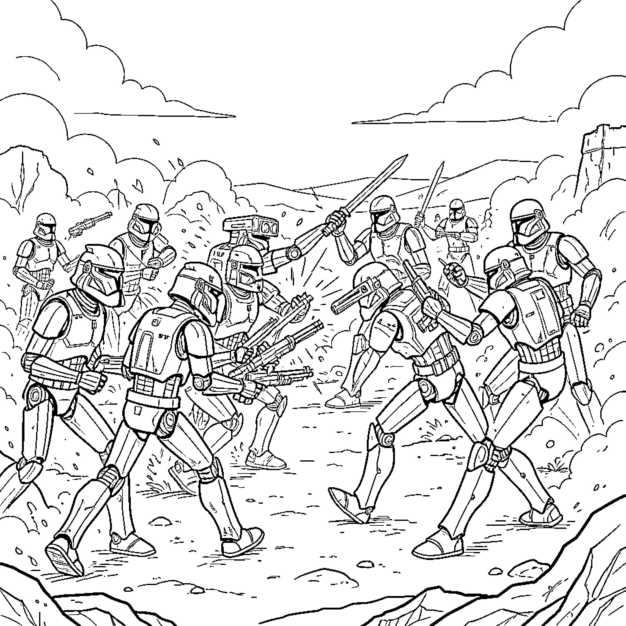 Droid soldiers engaged in an intense battlefield combat scene Coloring Page (free black-and-white line drawing printable PDF for all, from beginners to advanced learners, including children, teens, adults, and seniors)