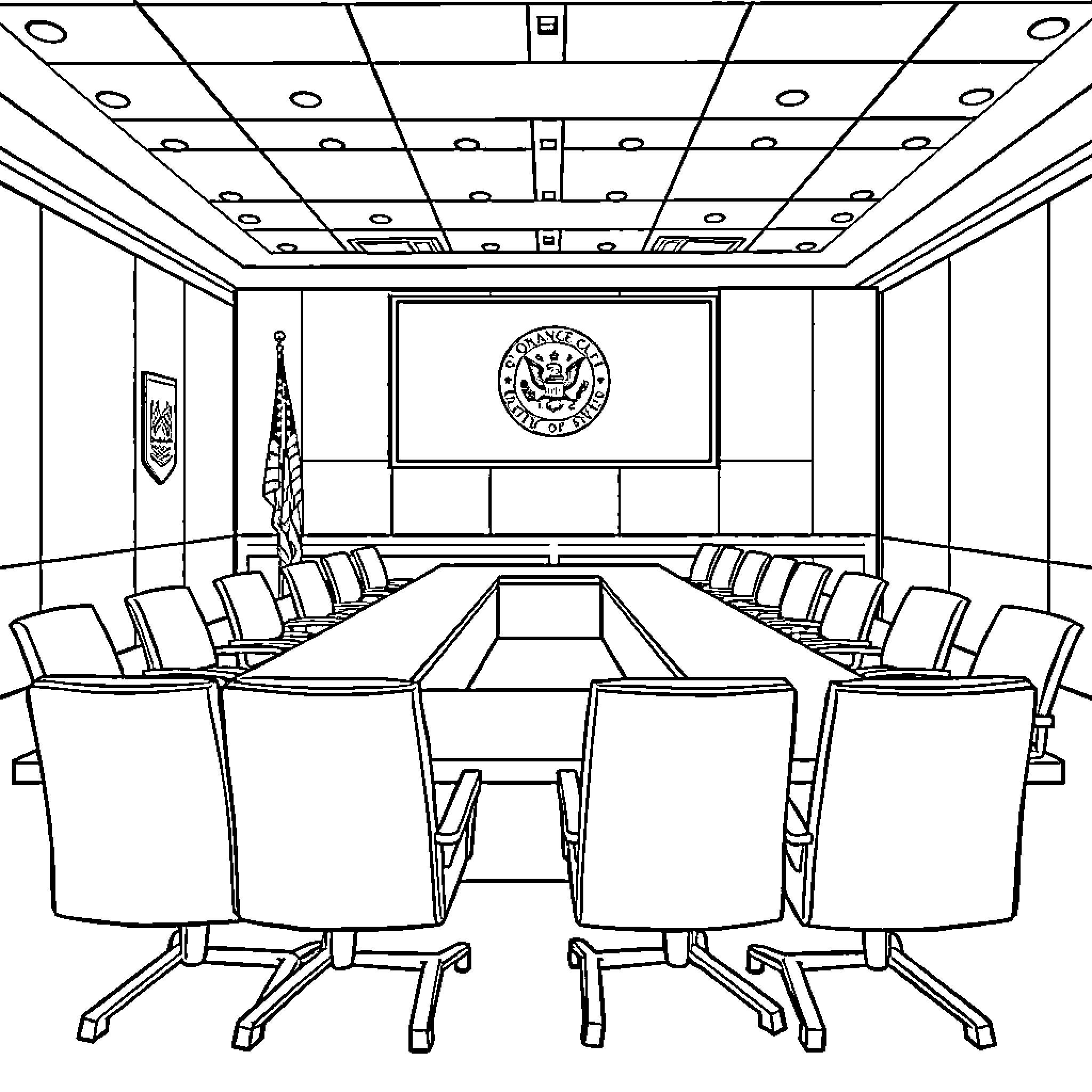 Board Meeting Room with Conference Table and Chairs Coloring Page (free black-and-white line drawing printable PDF for all, from beginners to advanced learners, including children, teens, adults, and seniors)