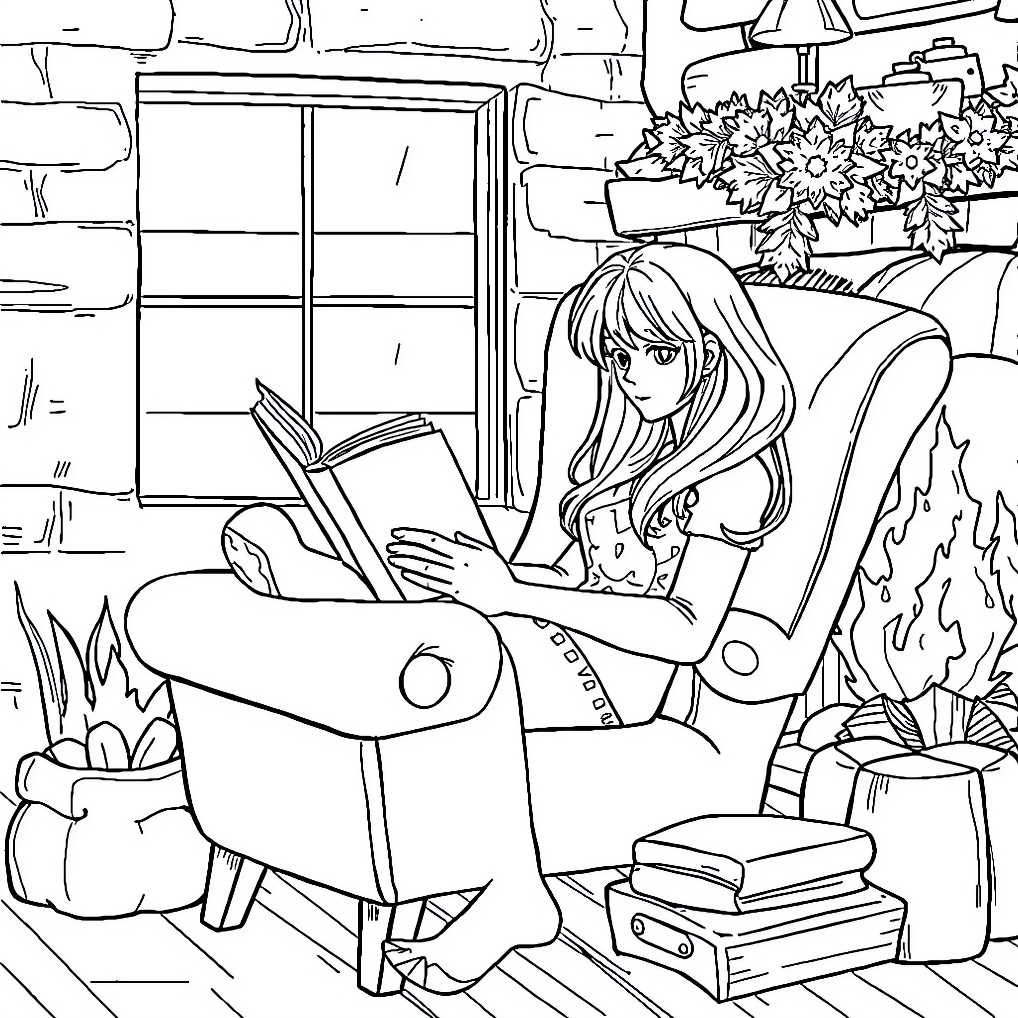 Rhysand enjoying a cozy reading moment Coloring Page (free black-and-white line drawing printable PDF for all, from beginners to advanced learners, including children, teens, adults, and seniors)