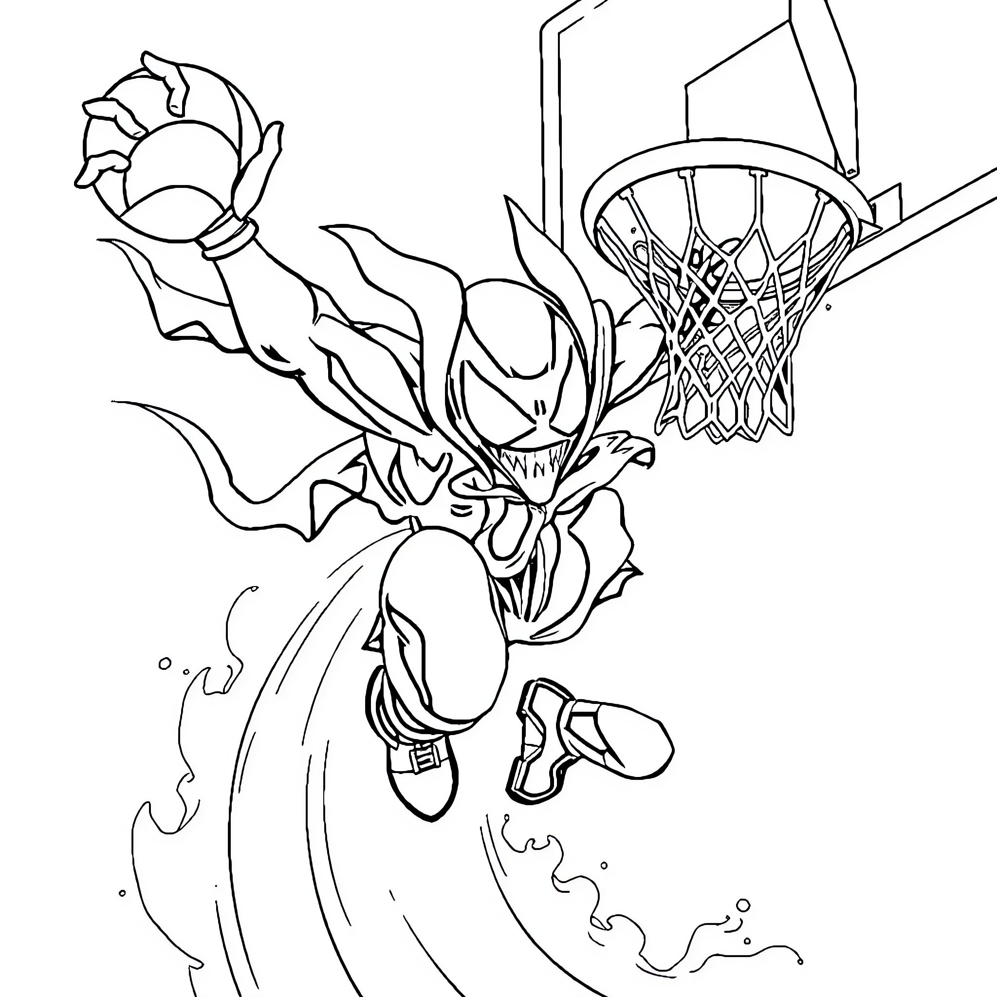 Spawn Dunking Basketball Amidst Swirling Energy Coloring Page (free black-and-white line drawing printable PDF for all, from beginners to advanced learners, including children, teens, adults, and seniors)