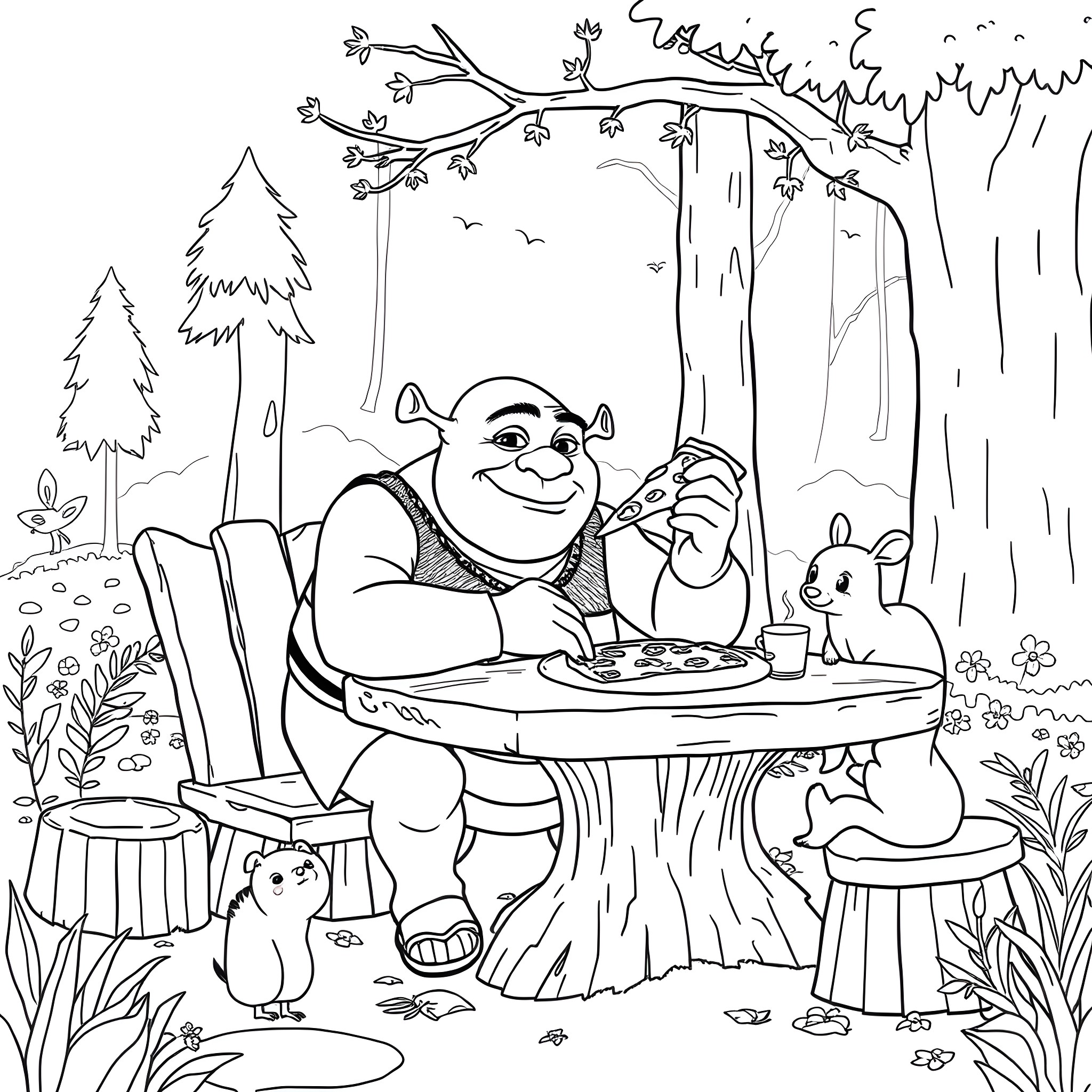 Shrek having a picnic in the forest with animal friends Coloring Page (free black-and-white line drawing printable PDF for all, from beginners to advanced learners, including children, teens, adults, and seniors)