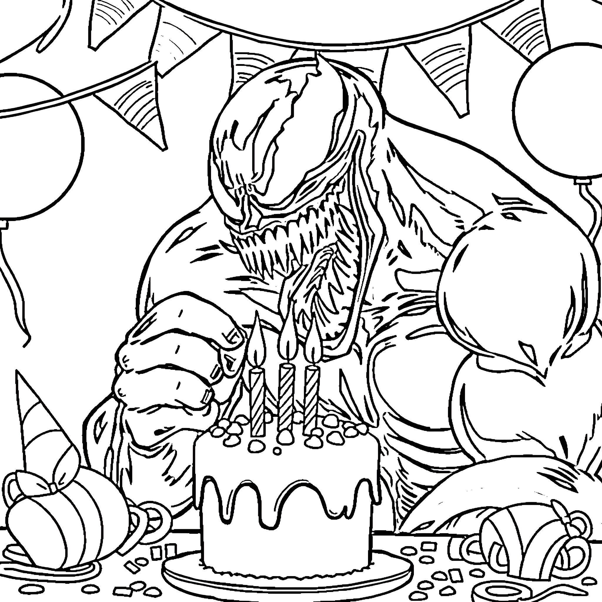 Venom celebrating birthday with party decorations Coloring Page (free black-and-white line drawing printable PDF for all, from beginners to advanced learners, including children, teens, adults, and seniors)