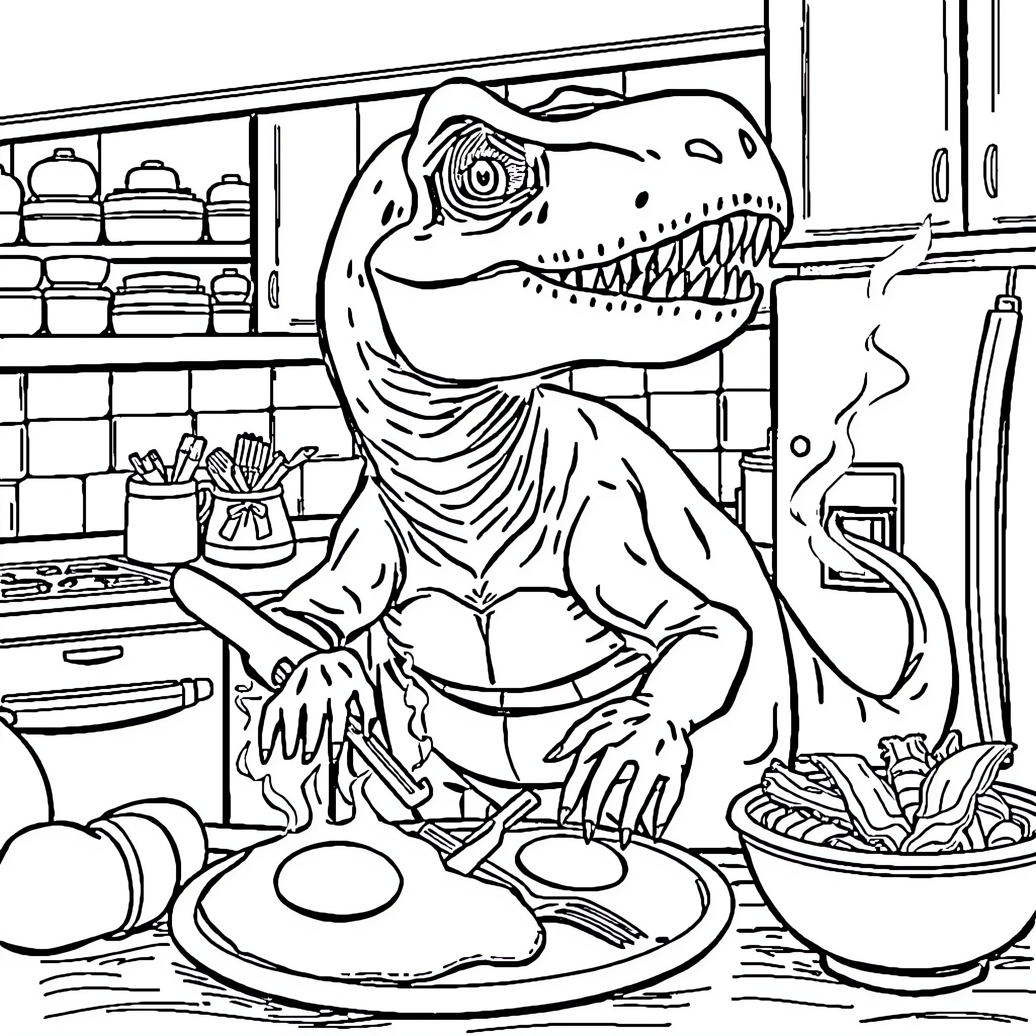 Trex cooking delightful meal in the kitchen Coloring Page (free black-and-white line drawing printable PDF for all, from beginners to advanced learners, including children, teens, adults, and seniors)