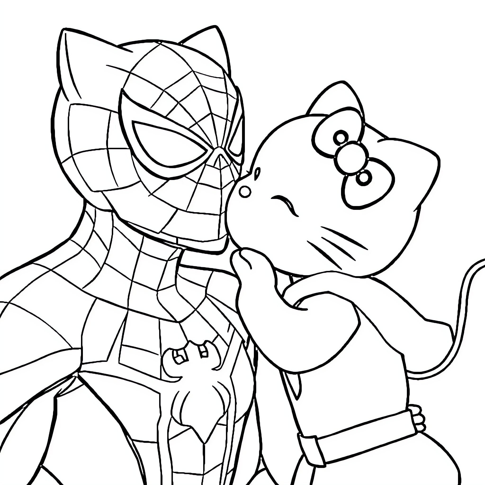Hello Kitty meets friendly Spider-Man character Coloring Page (free black-and-white line drawing printable PDF for all, from beginners to advanced learners, including children, teens, adults, and seniors)