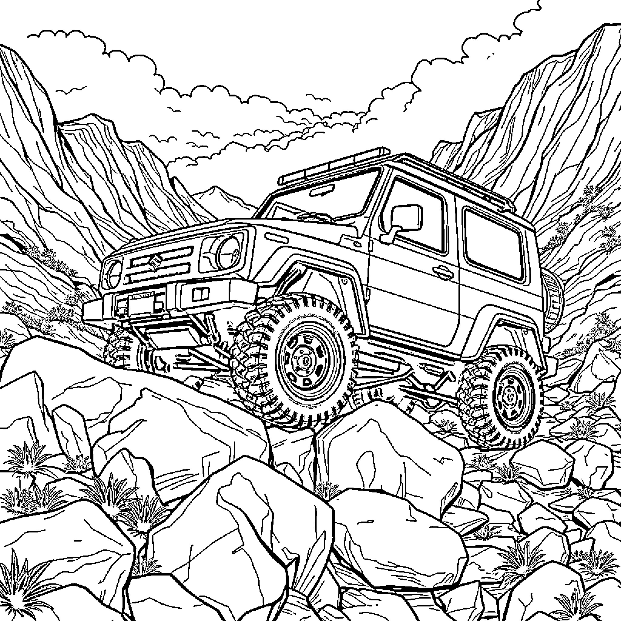 Suzuki Off-Road Adventure in Rugged Terrain Coloring Page (free black-and-white line drawing printable PDF for all, from beginners to advanced learners, including children, teens, adults, and seniors)