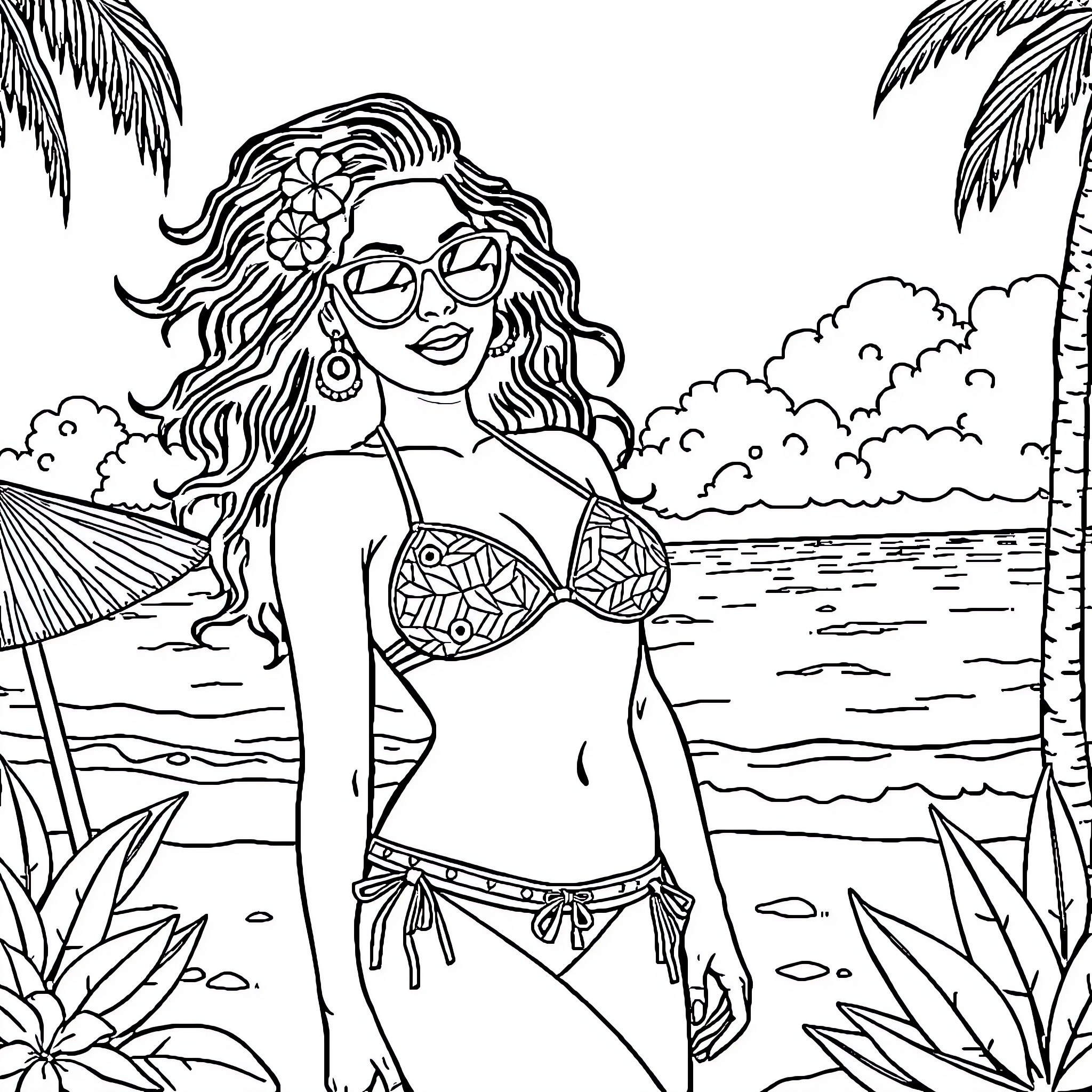 Kenia Os enjoying a tropical beach day Coloring Page (free black-and-white line drawing printable PDF for all, from beginners to advanced learners, including children, teens, adults, and seniors)