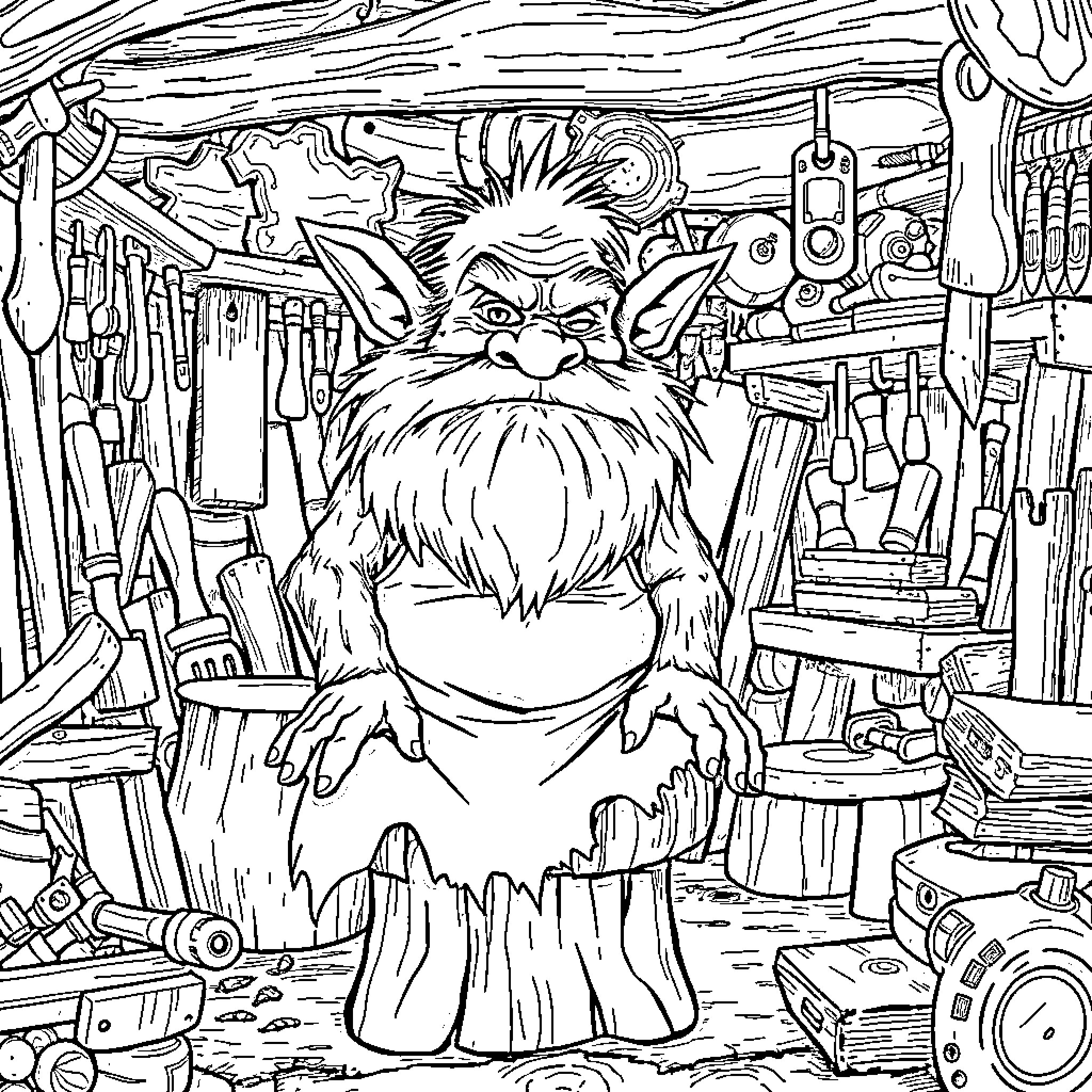 Troll in Cluttered Workspace Surrounded by Tools Coloring Page (free black-and-white line drawing printable PDF for all, from beginners to advanced learners, including children, teens, adults, and seniors)