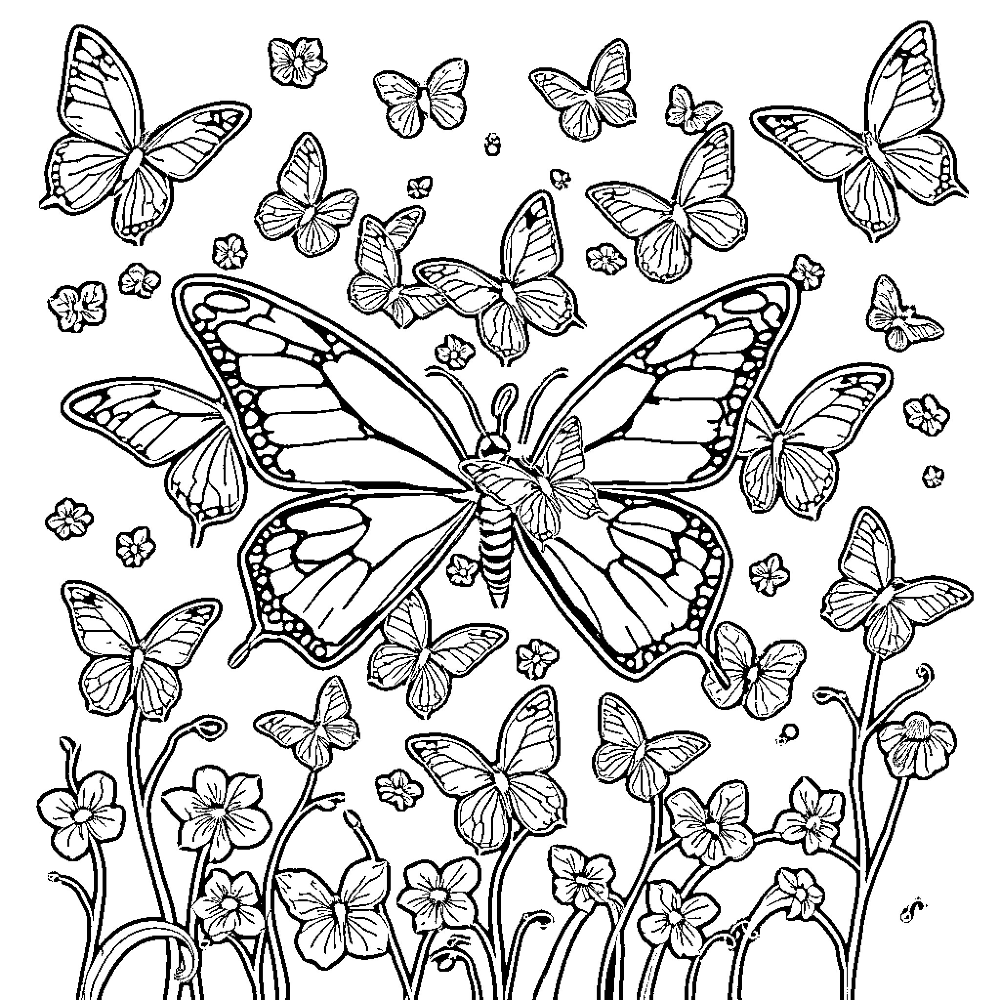 Hate of Butterflies in Nature Coloring Page (free black-and-white line drawing printable PDF for all, from beginners to advanced learners, including children, teens, adults, and seniors)