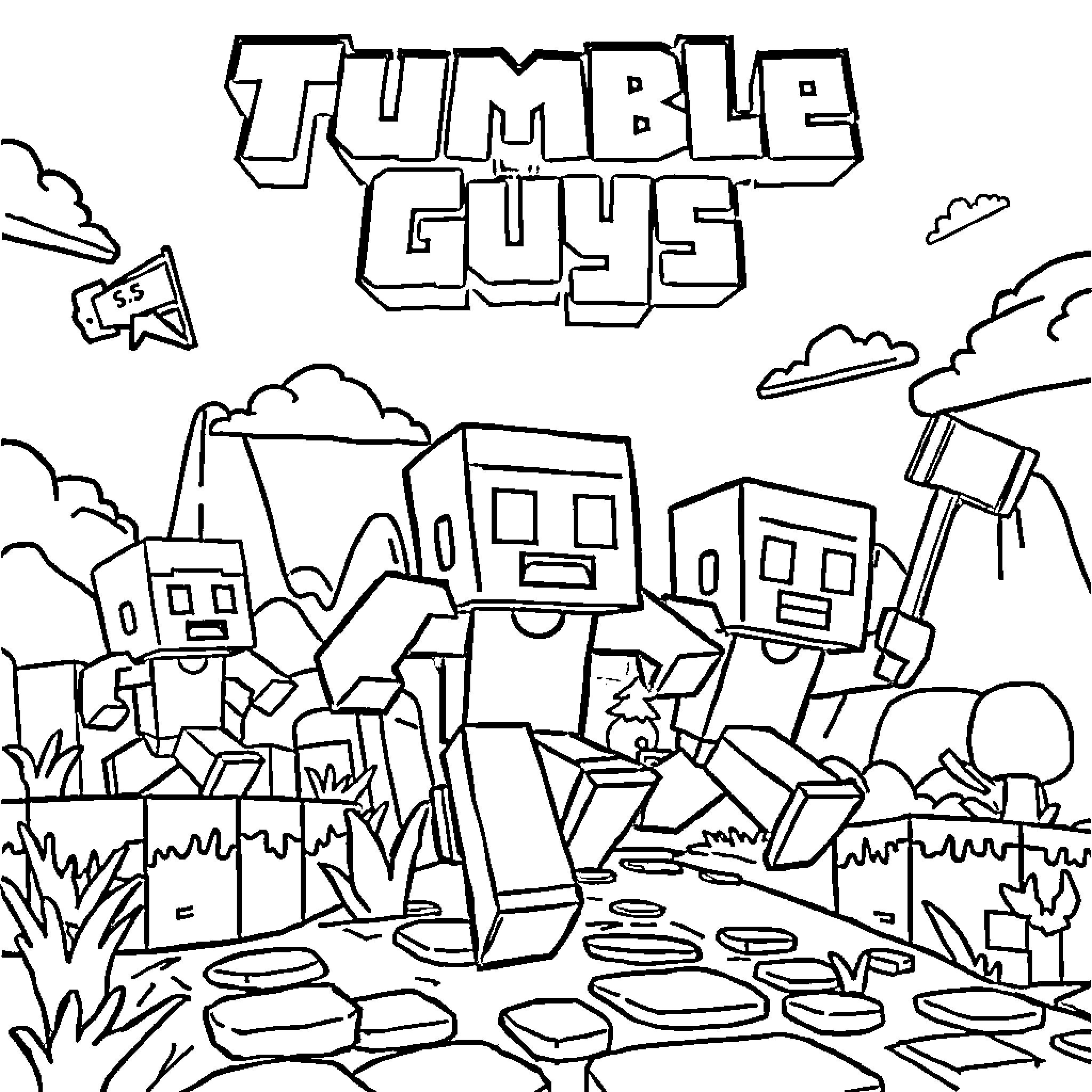 Minecraft characters in an outdoor scene Coloring Page (free black-and-white line drawing printable PDF for all, from beginners to advanced learners, including children, teens, adults, and seniors)