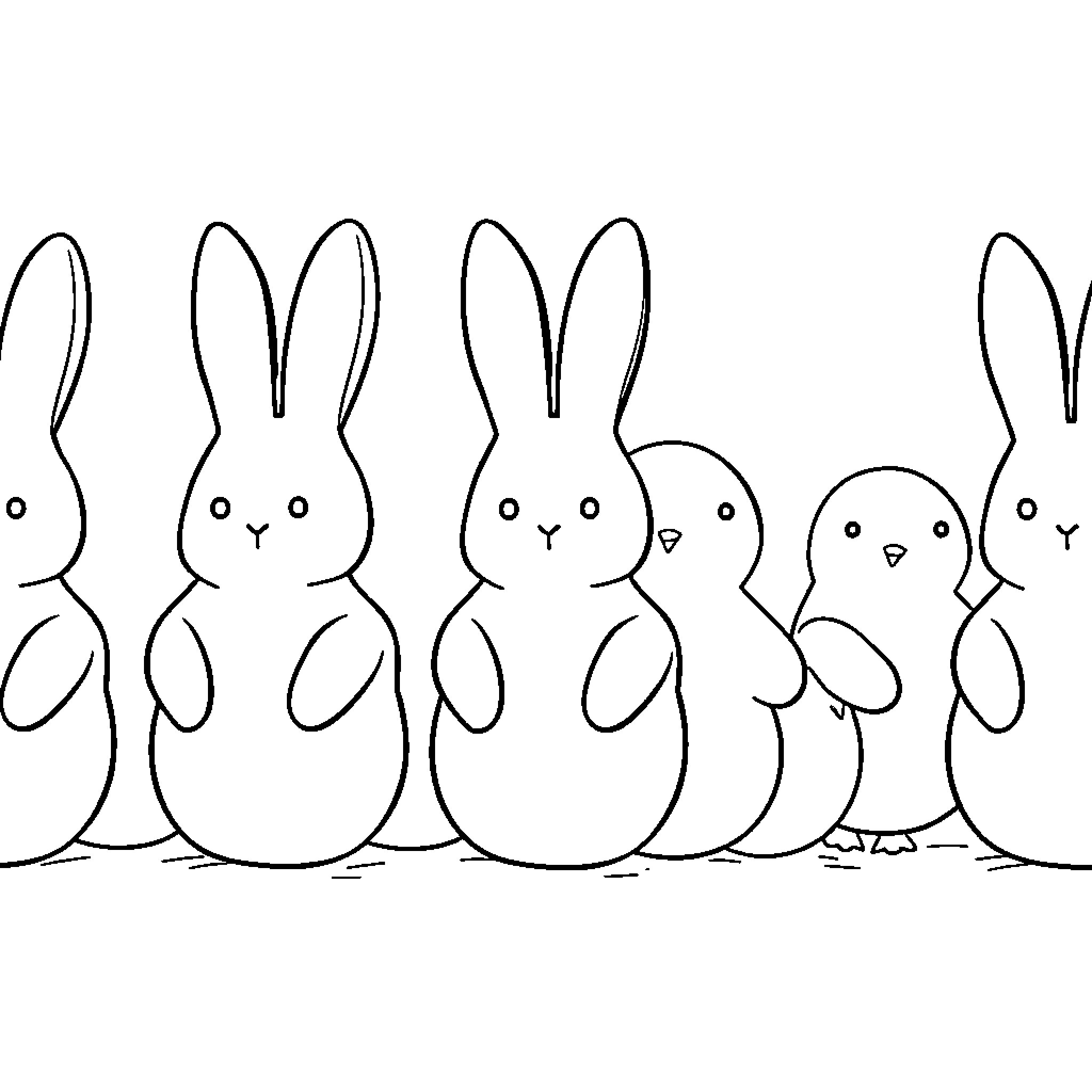 Peep show of adorable bunny friends Coloring Page (free black-and-white line drawing printable PDF for all, from beginners to advanced learners, including children, teens, adults, and seniors)
