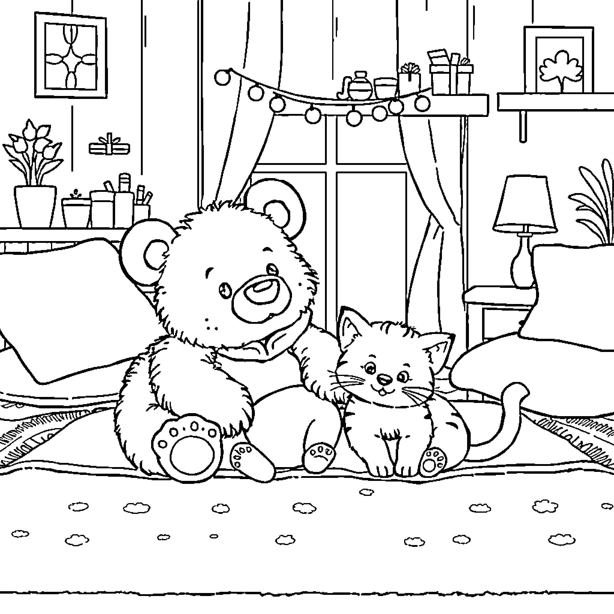 Bear and cat relaxing together in cozy room Coloring Page (free black-and-white line drawing printable PDF for all, from beginners to advanced learners, including children, teens, adults, and seniors)
