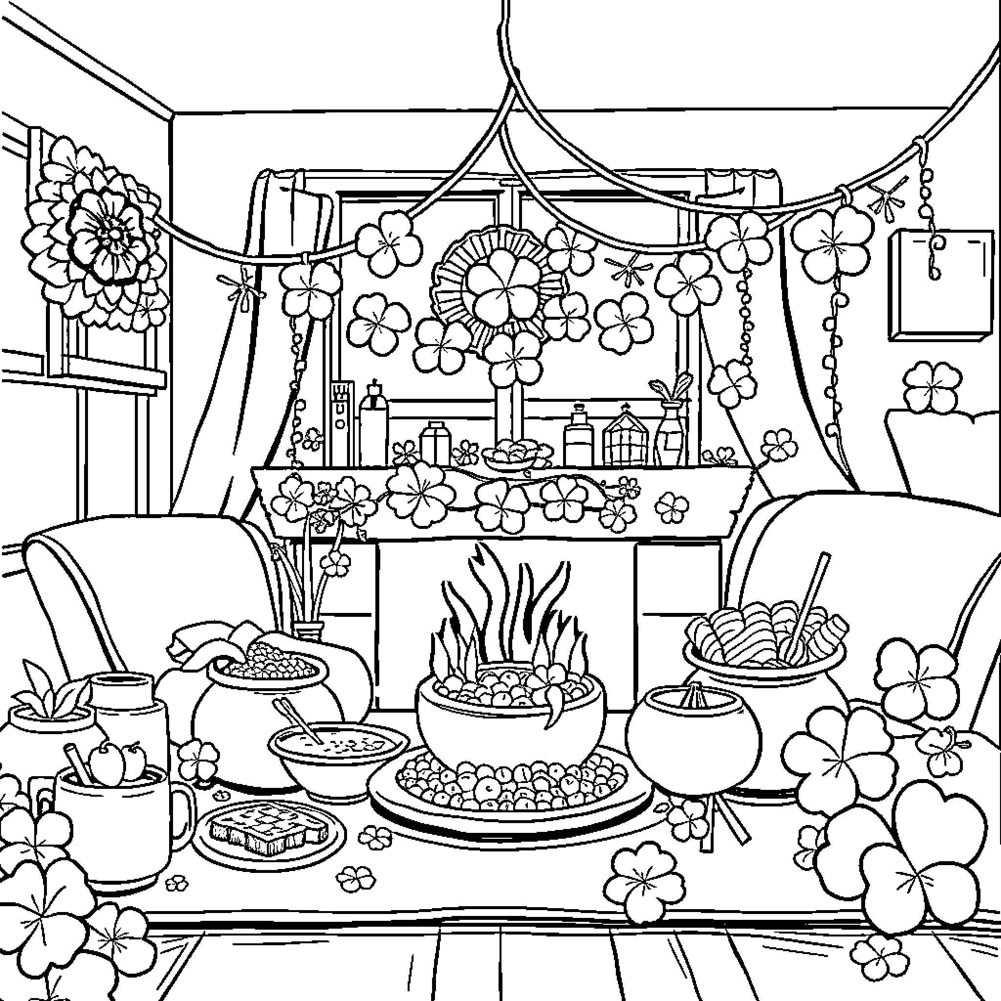 Saint Patrick's Day Feast with Festive Decor Coloring Page (free black-and-white line drawing printable PDF for all, from beginners to advanced learners, including children, teens, adults, and seniors)