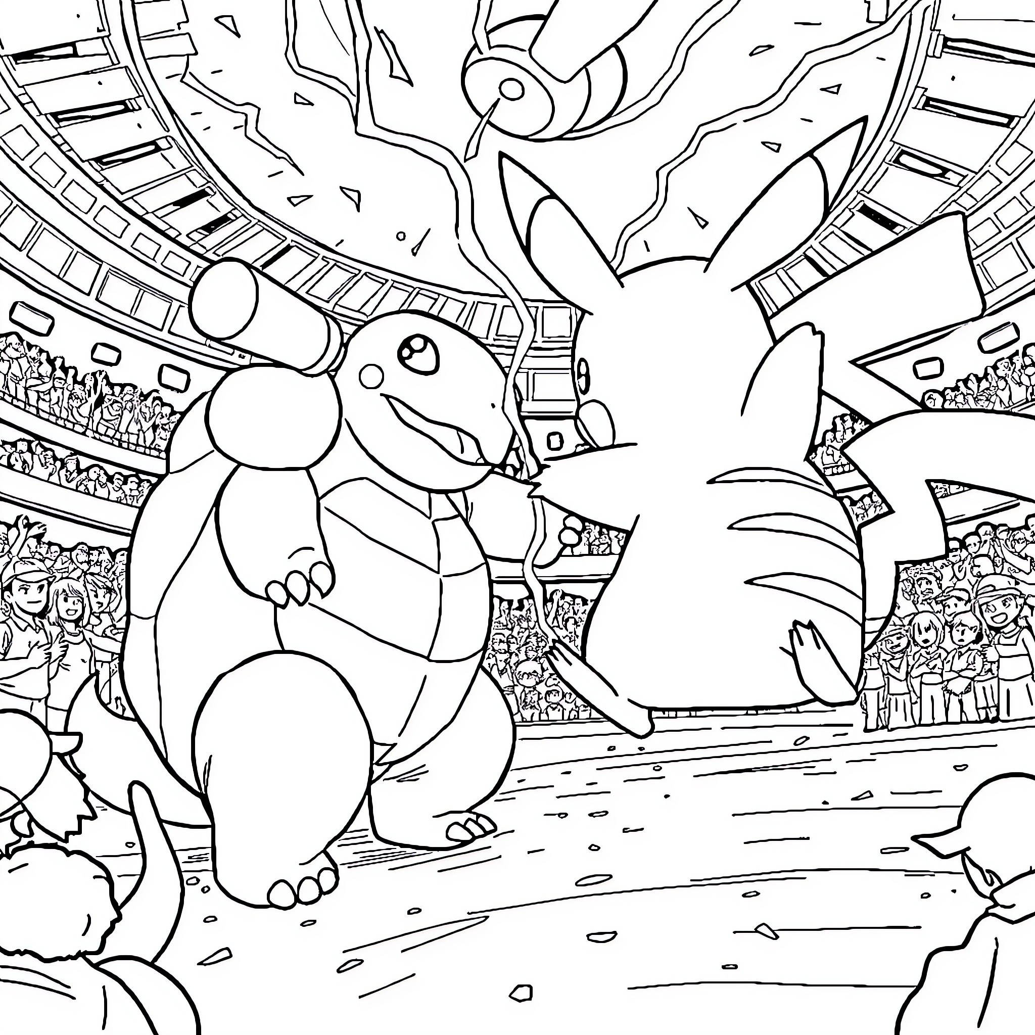 Pikachu in a Lively Pokemon Stadium Coloring Page (free black-and-white line drawing printable PDF for all, from beginners to advanced learners, including children, teens, adults, and seniors)