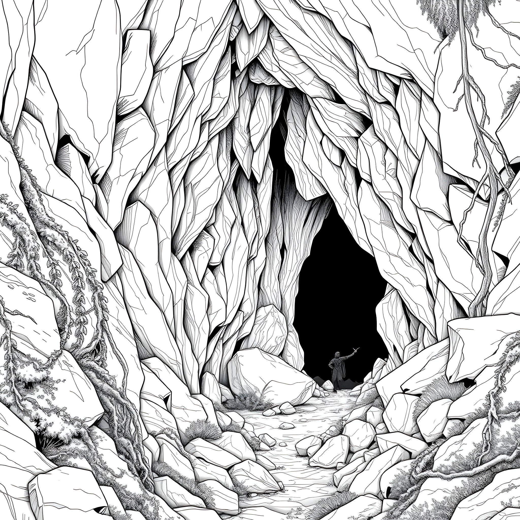 Cave Entrance with Adventurer Exploring Coloring Page (free black-and-white line drawing printable PDF for all, from beginners to advanced learners, including children, teens, adults, and seniors)