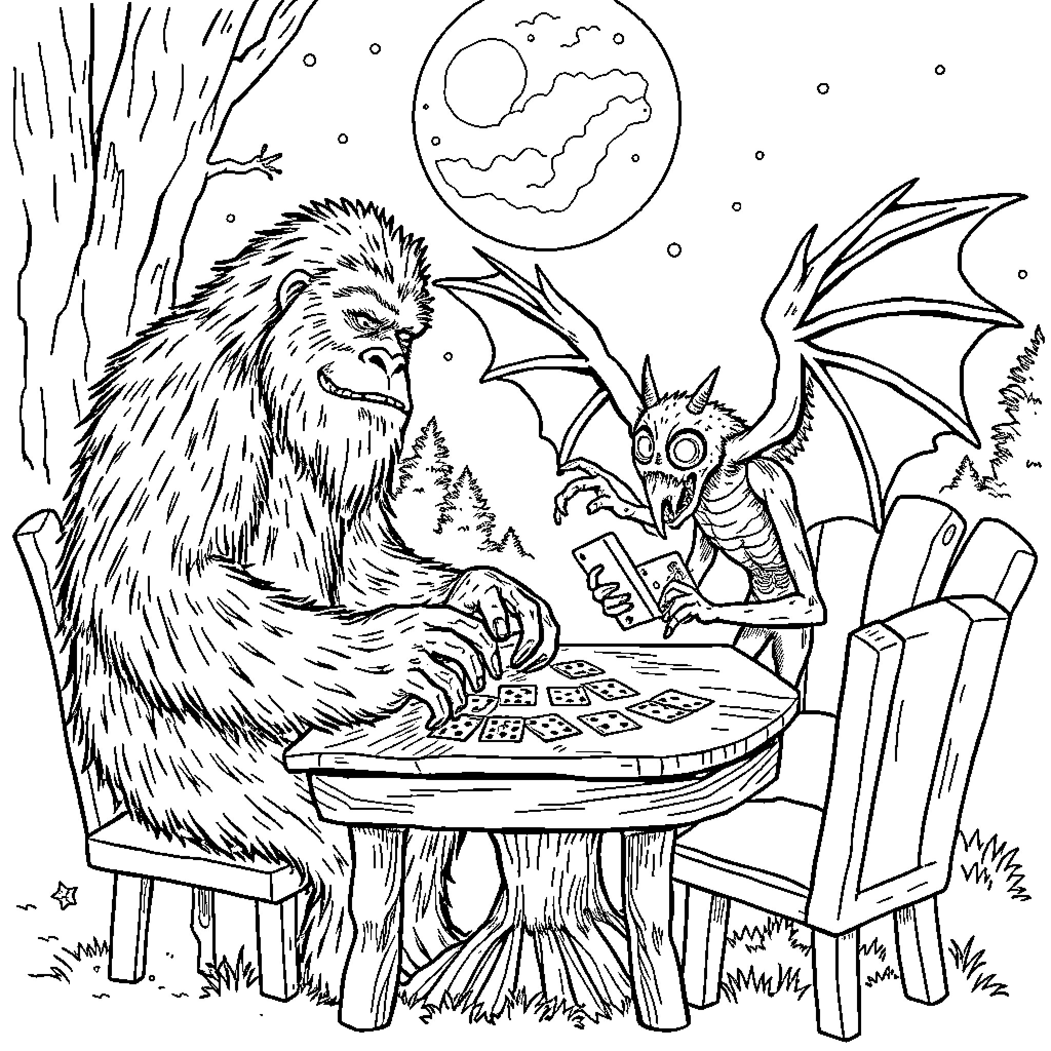 Bigfoot playing board game with dragon in moonlit forest Coloring Page (free black-and-white line drawing printable PDF for all, from beginners to advanced learners, including children, teens, adults, and seniors)