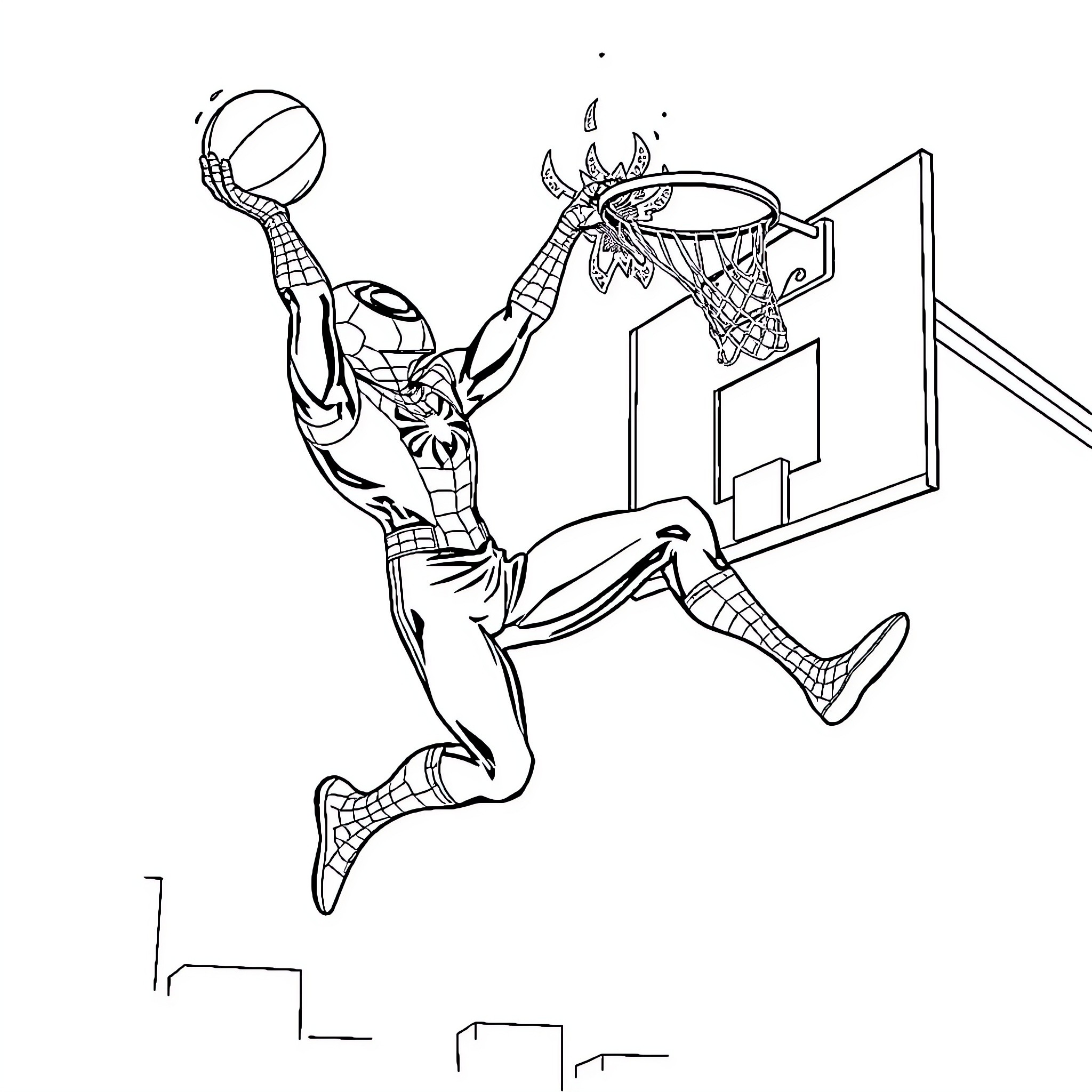 Spiderman dunking basketball on hoop Coloring Page (free black-and-white line drawing printable PDF for all, from beginners to advanced learners, including children, teens, adults, and seniors)