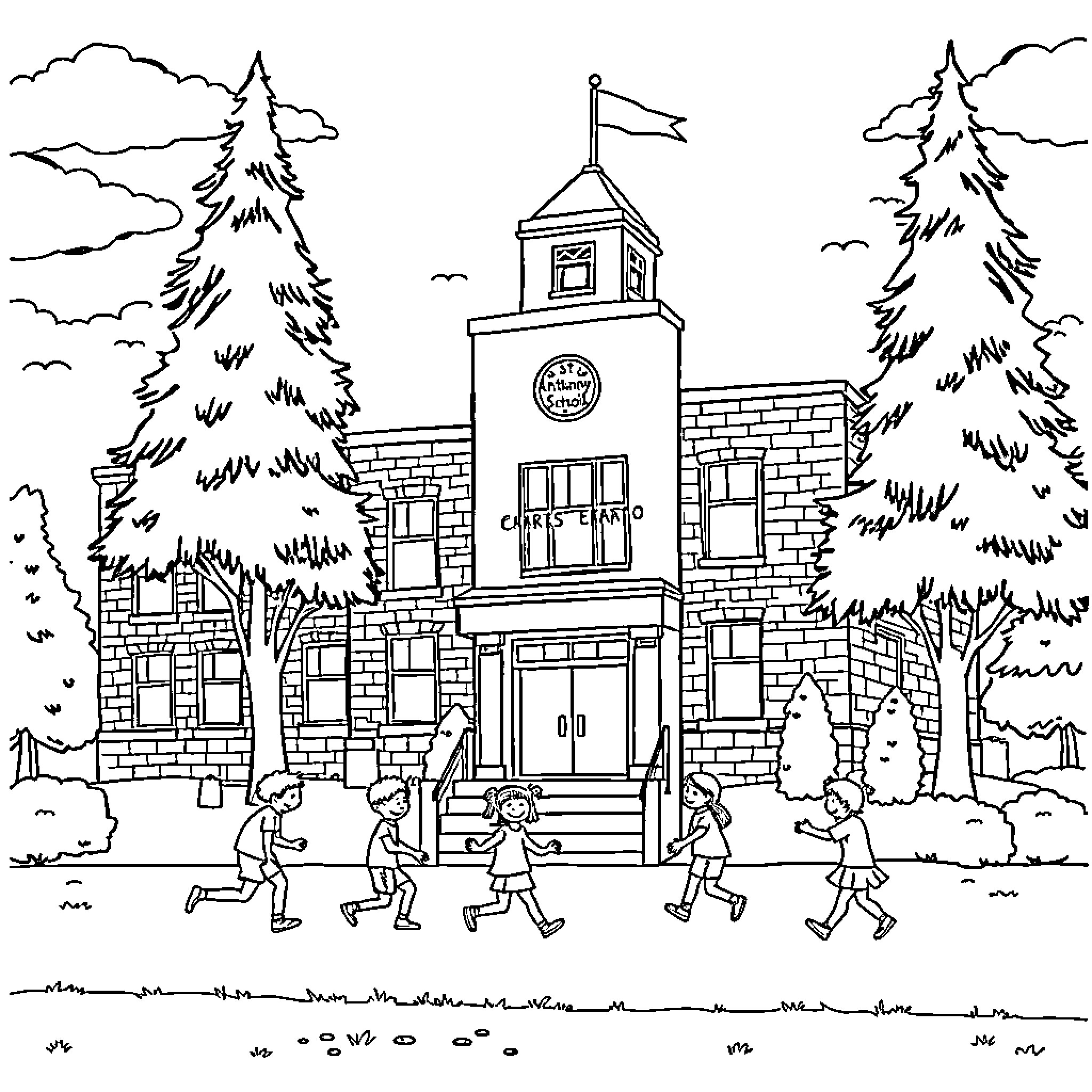 St Anthony's School Building with Students Playing Coloring Page (free black-and-white line drawing printable PDF for all, from beginners to advanced learners, including children, teens, adults, and seniors)