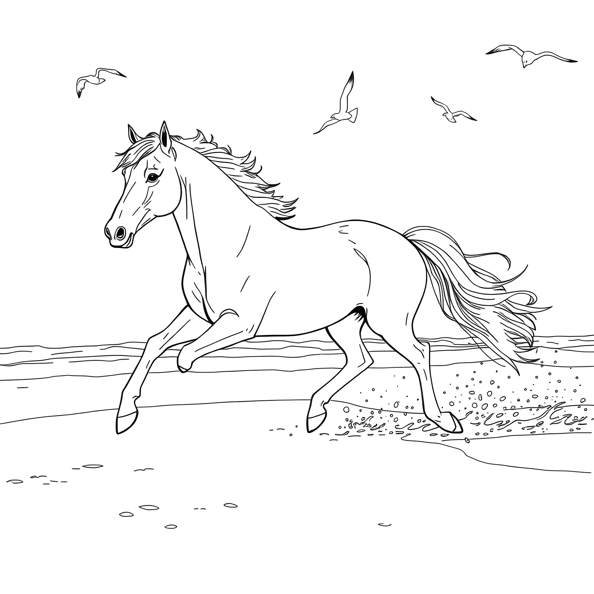 Horse running freely in the countryside Coloring Page (free black-and-white line drawing printable PDF for all, from beginners to advanced learners, including children, teens, adults, and seniors)