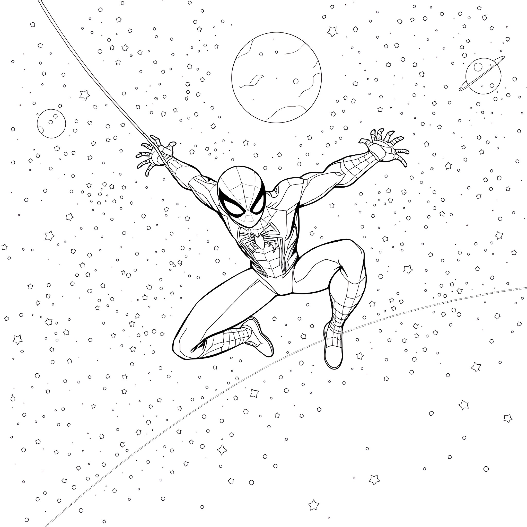 Spiderman swinging through the cosmic space Coloring Page (free black-and-white line drawing printable PDF for all, from beginners to advanced learners, including children, teens, adults, and seniors)