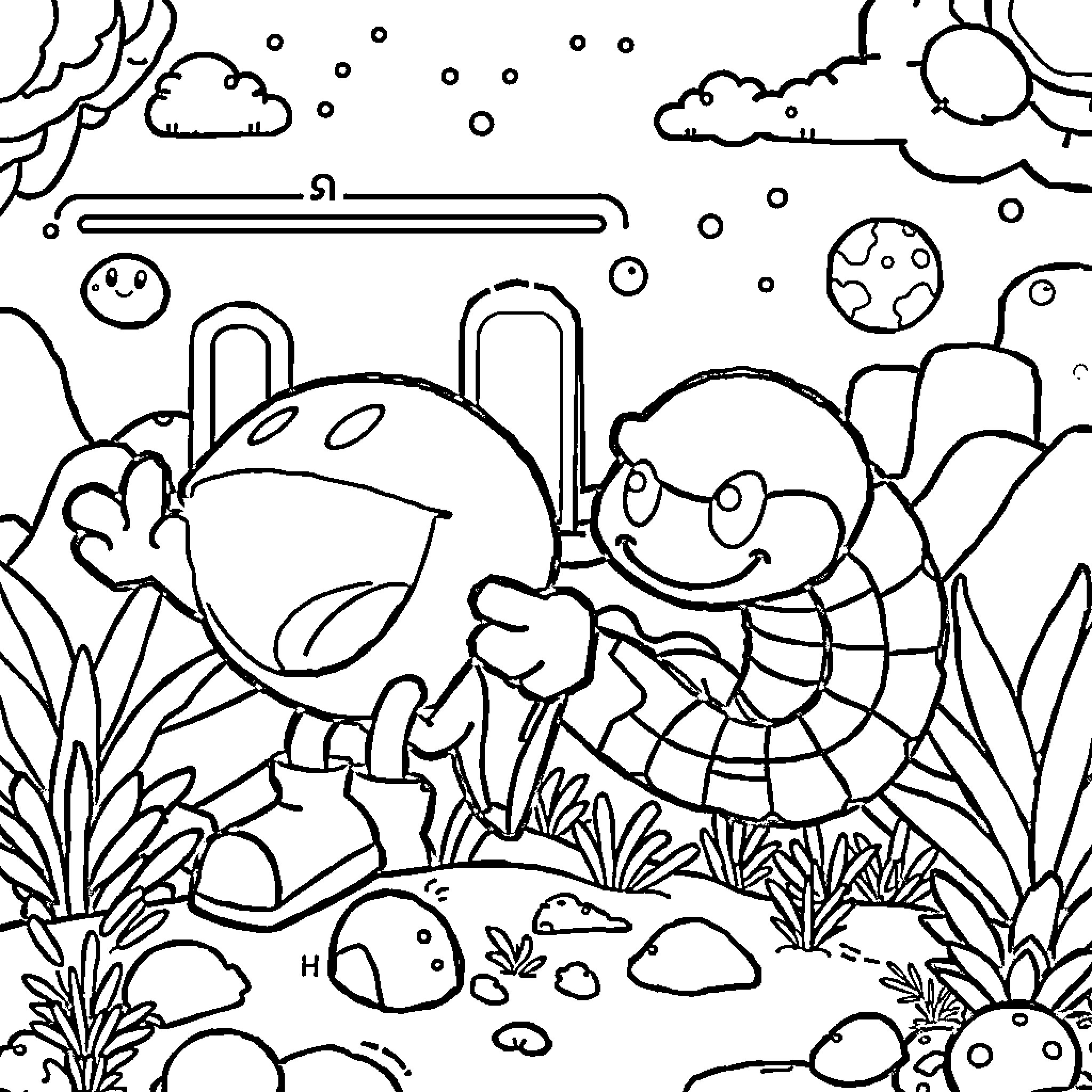 Pacman characters exploring a whimsical fantasy landscape Coloring Page (free black-and-white line drawing printable PDF for all, from beginners to advanced learners, including children, teens, adults, and seniors)