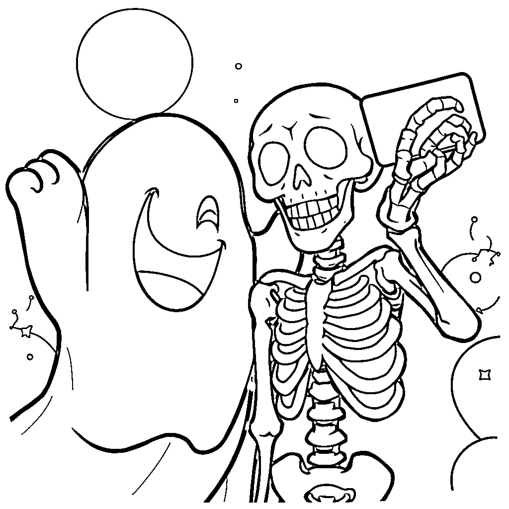 Ghost skeleton and spirit waving in the dark Coloring Page (free black-and-white line drawing printable PDF for all, from beginners to advanced learners, including children, teens, adults, and seniors)