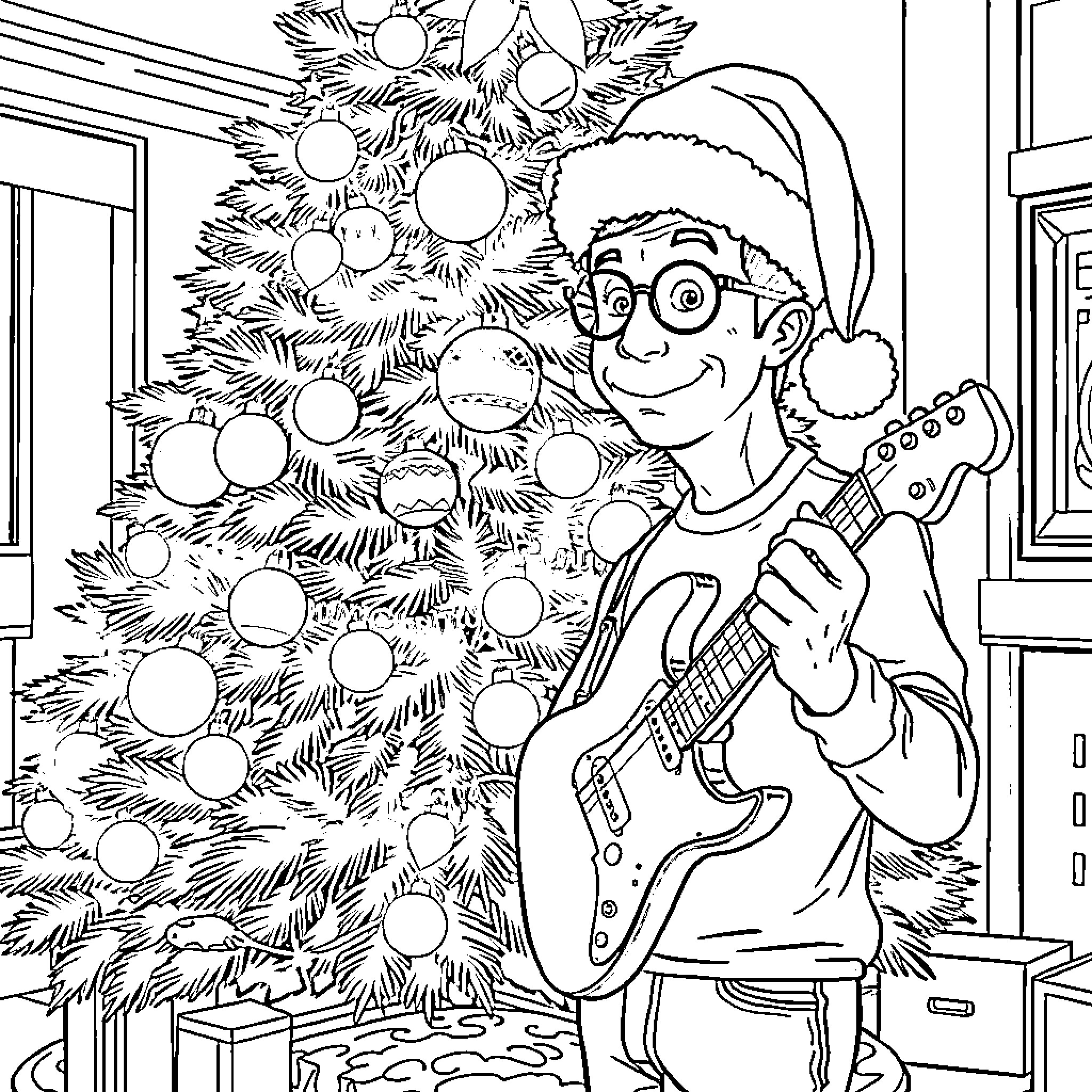 Sheldon Cooper Celebrates Christmas with Guitar and Tree Coloring Page (free black-and-white line drawing printable PDF for all, from beginners to advanced learners, including children, teens, adults, and seniors)
