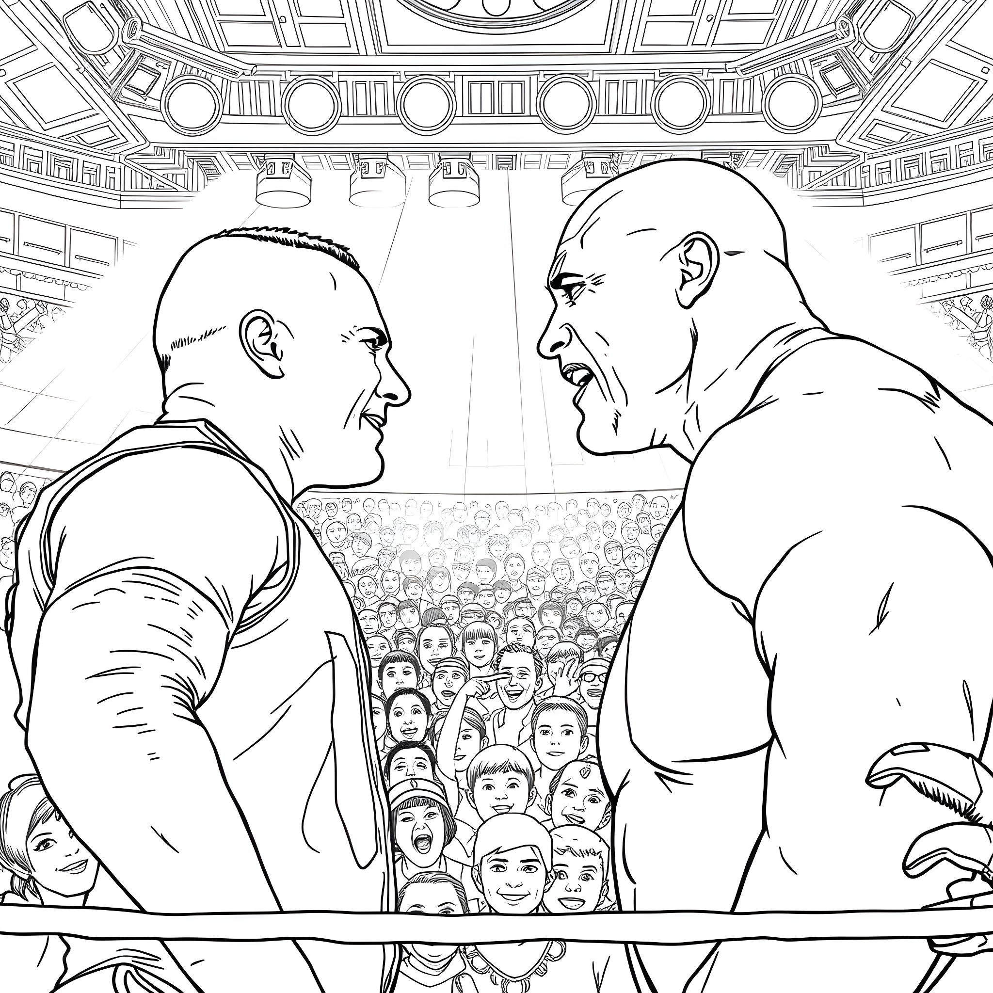 John Cena in intense wrestling match with crowd Coloring Page (free black-and-white line drawing printable PDF for all, from beginners to advanced learners, including children, teens, adults, and seniors)
