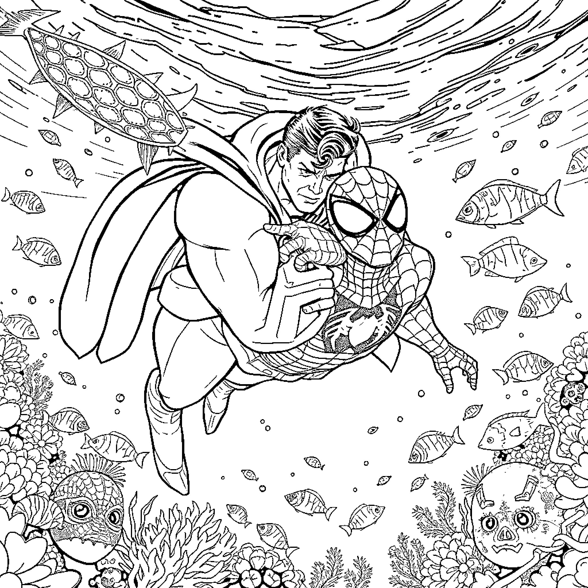 Superman and Spider-Man exploring underwater world Coloring Page (free black-and-white line drawing printable PDF for all, from beginners to advanced learners, including children, teens, adults, and seniors)